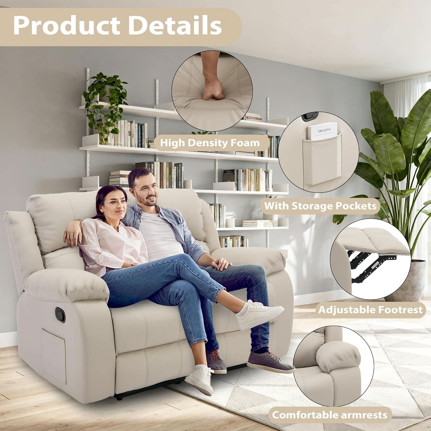 Manual Leather Loveseat Recliner Sofa With Pockets-3