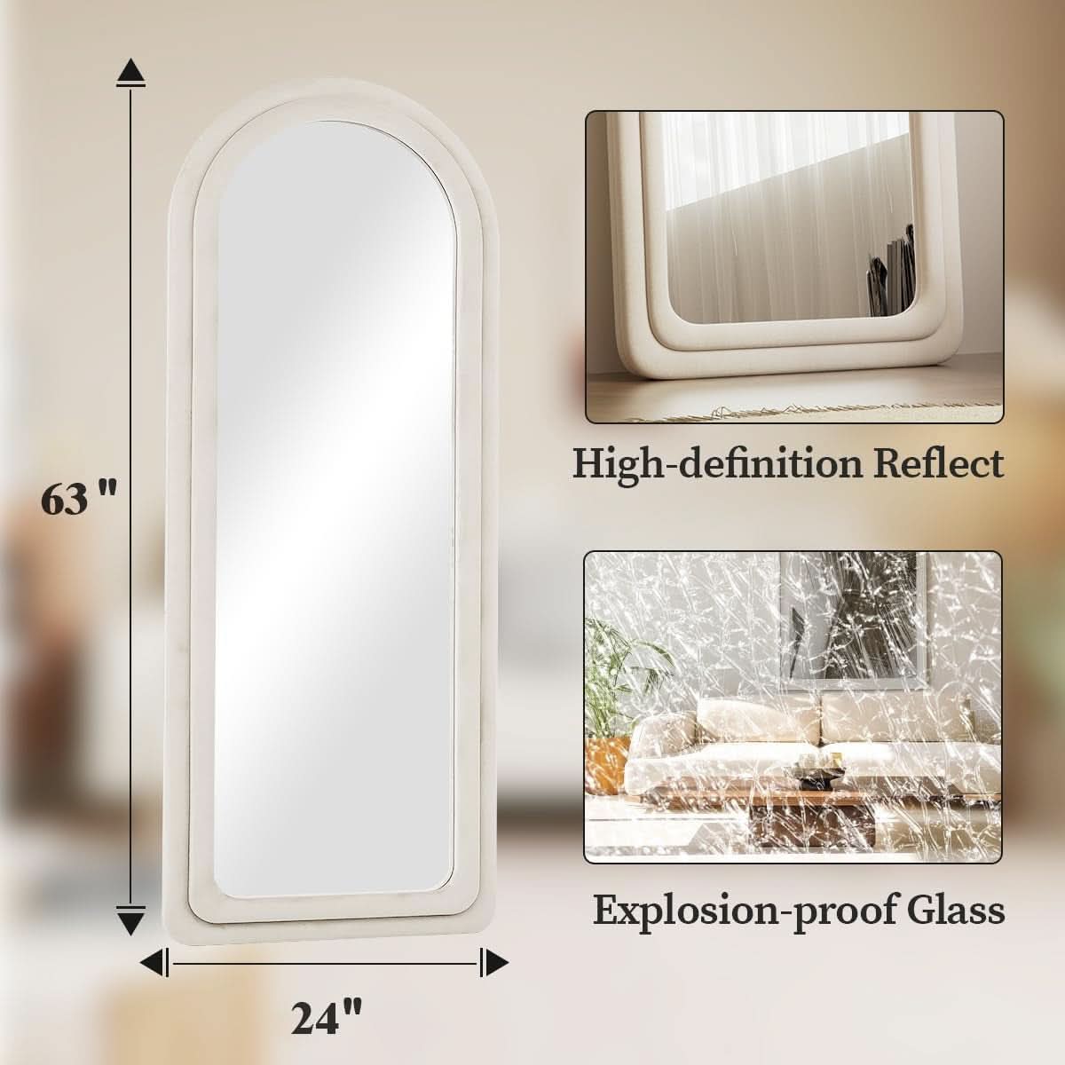 63 By 24 Inch Arched Full Length Freestanding Floor Mirror White-4