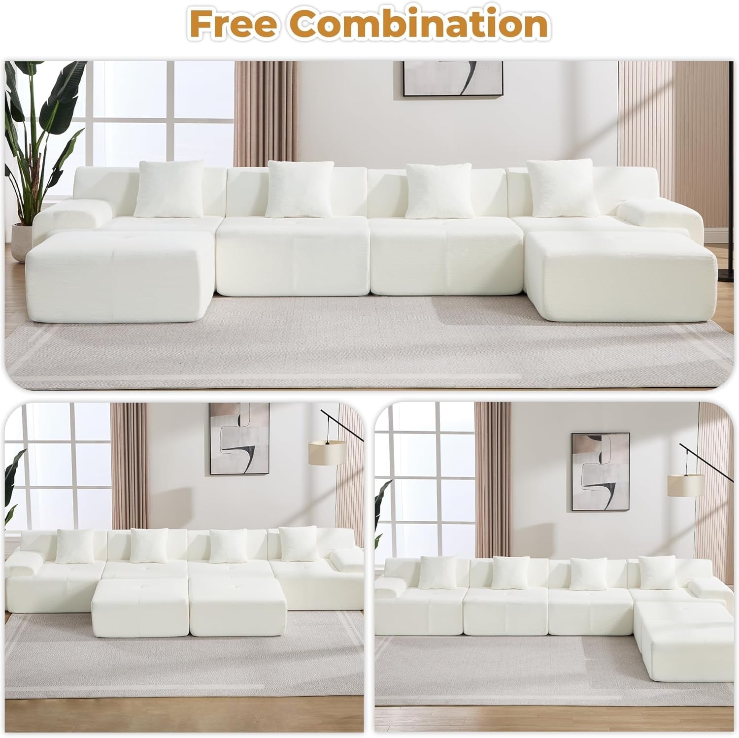160 Inch White Corduroy Modular Sectional Sofa Set-2