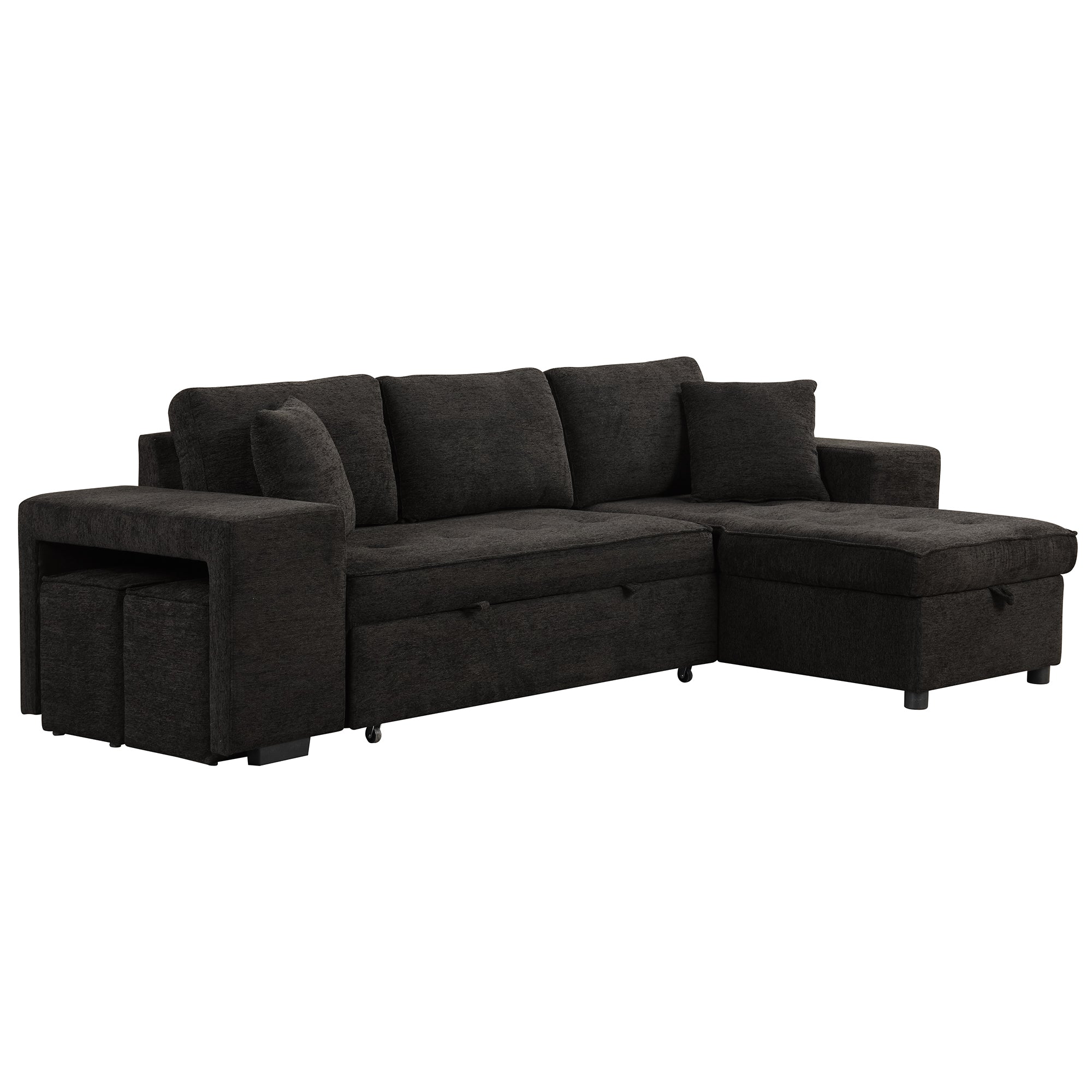 Modern L-Shape 3 Seat Reversible Sectional Couch with Pull Out Sleeper Sofa, Storage Chaise, 2 Stools, Charcoal Grey, Linen Chenille