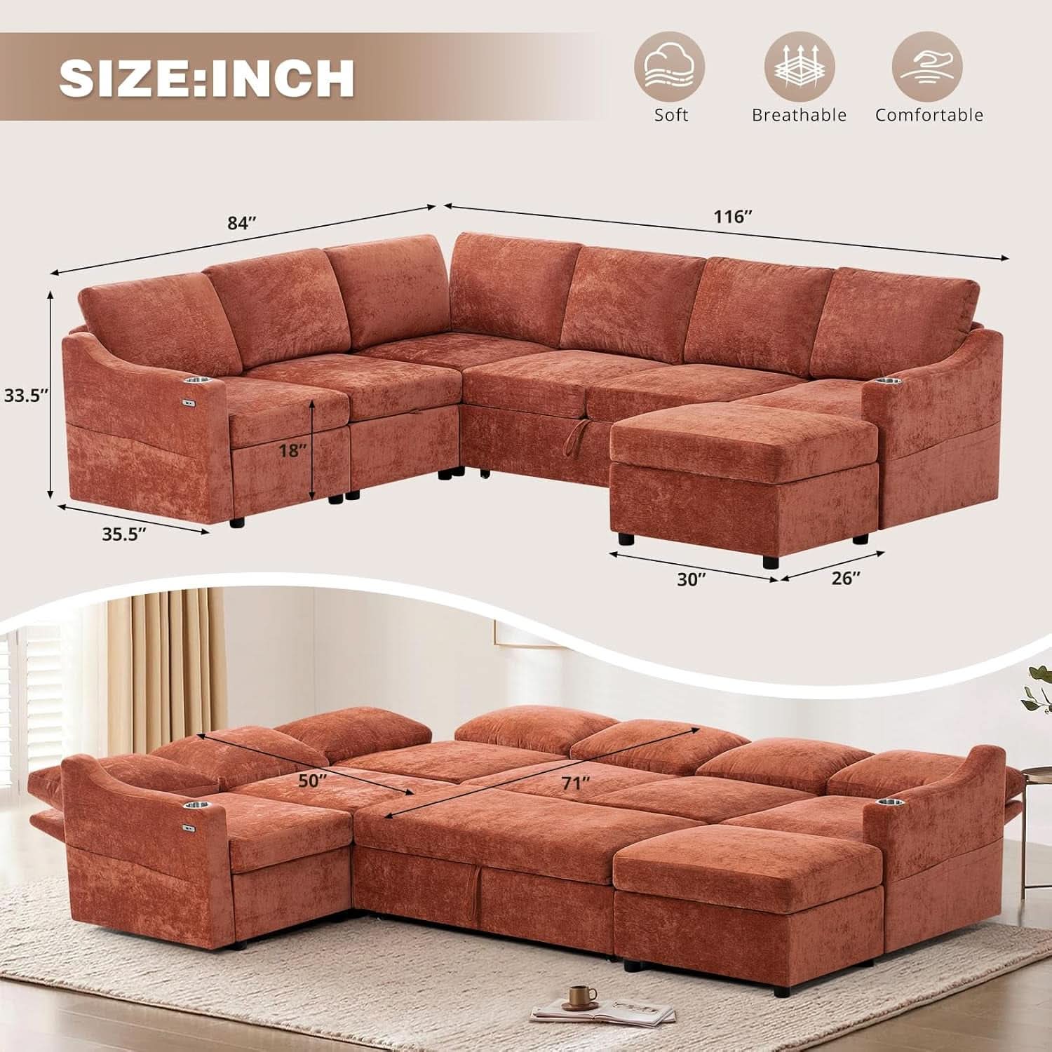 116Inch Orange Chenille Fabric Modular Sleeper Sofa USB-1