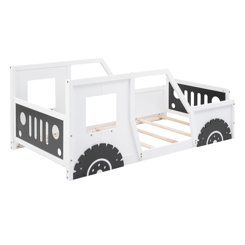 Classic Car-Shaped Twin Platform Bed with Wheels in White