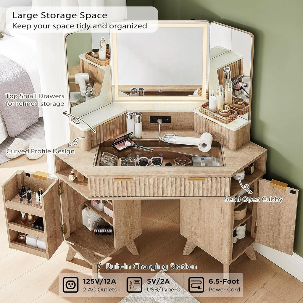 Natural Oak Forty Eight Inch Makeup Vanity Desk Three Way Mirror With Lights-1