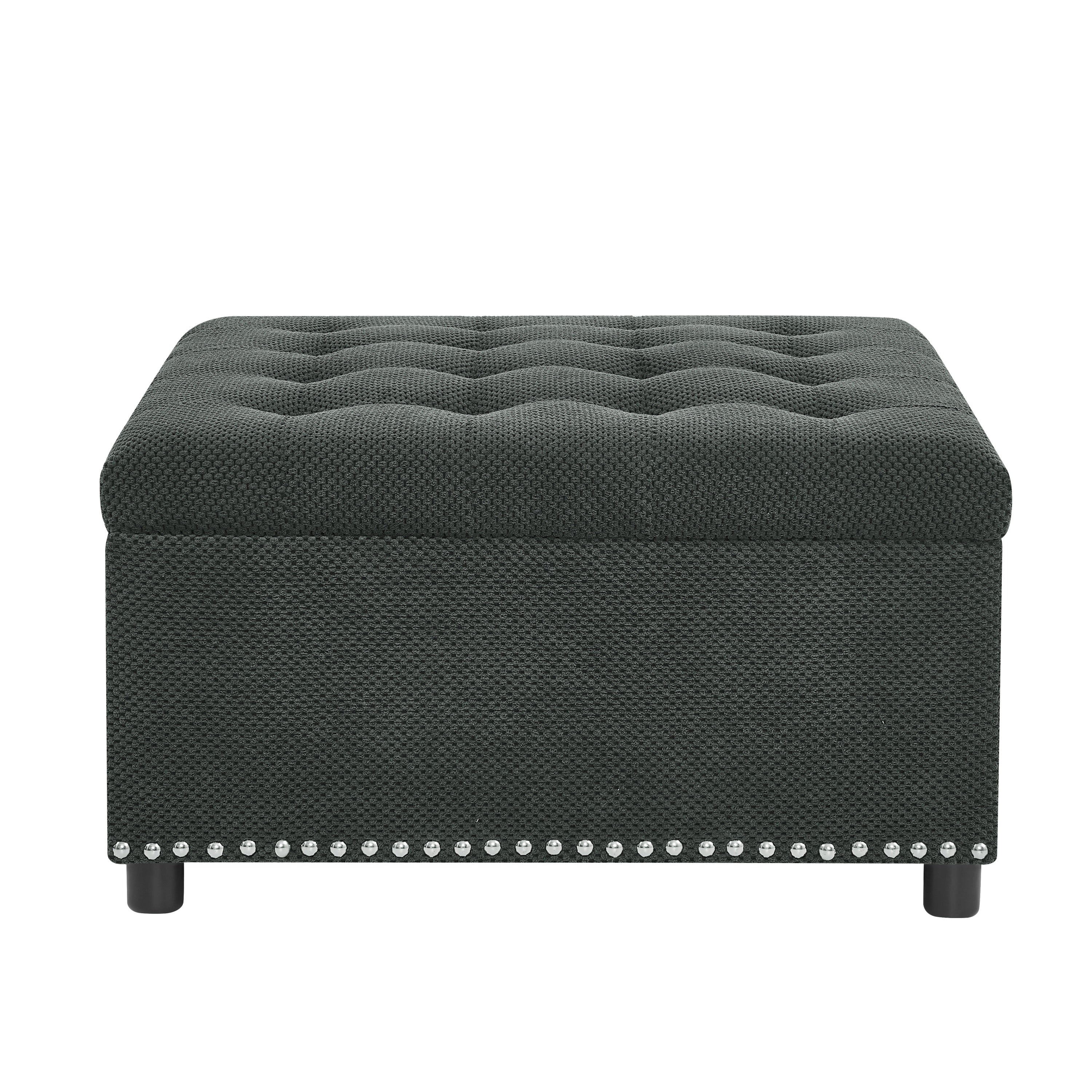 Tufted Storage Ottoman with Nailhead Trim, Square Upholstered Footstool, Fabric and Wood Coffee Table for Living Room, Bedroom, Small Space Furniture