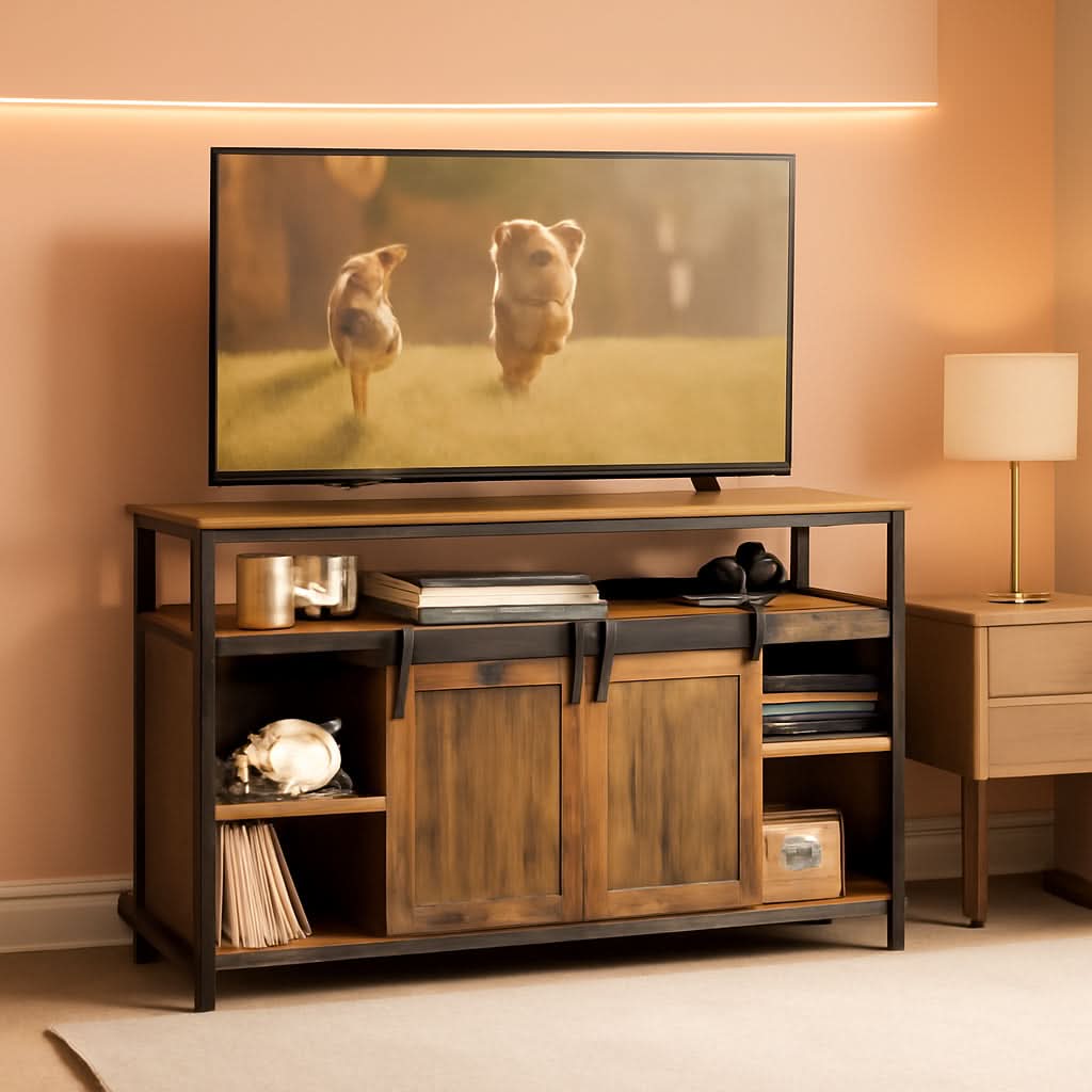 Rustic Brown 65 Inch TV Stand With Sliding Barn Doors
