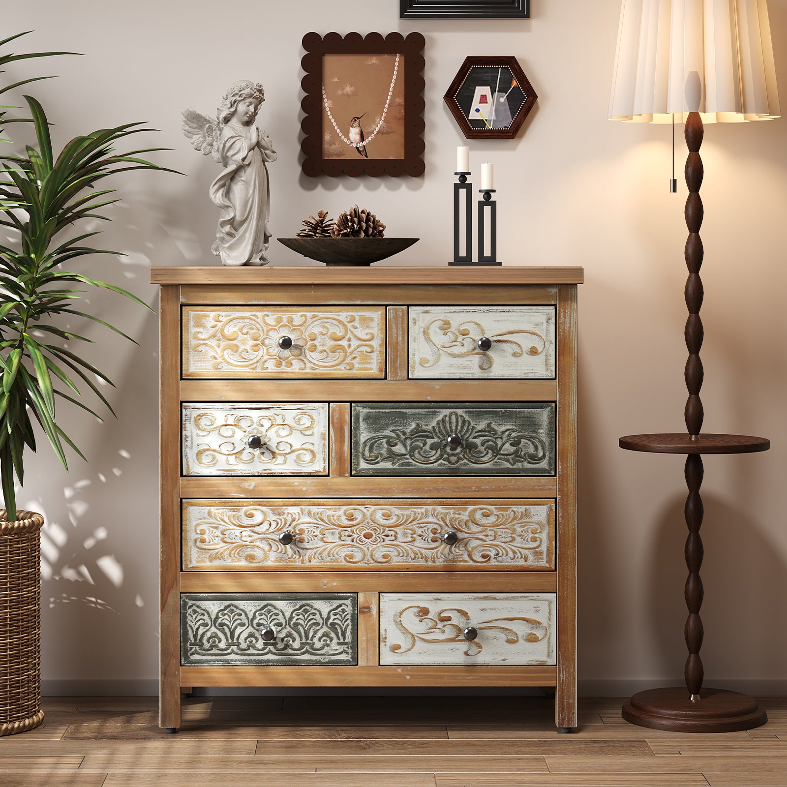 Vintage Wooden Accent Chest with 6 Drawers, Rustic Multicolor Carved Storage Dresser for Bedroom, Living Room, Farmhouse Style Decor (25.59' L x 12.6' W x 33.07' H)