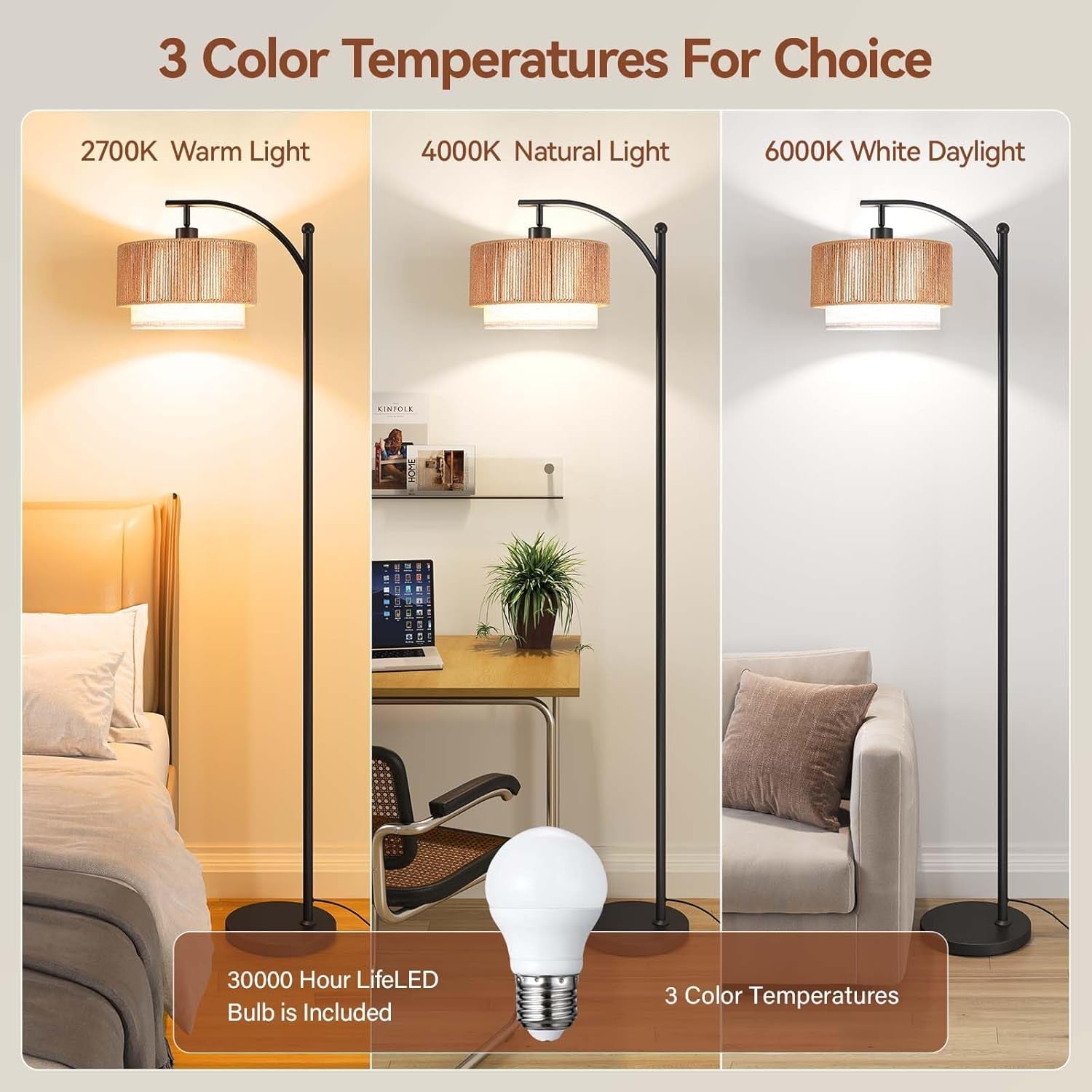 Arched Floor Lamp With Adjustable Color Temperatures