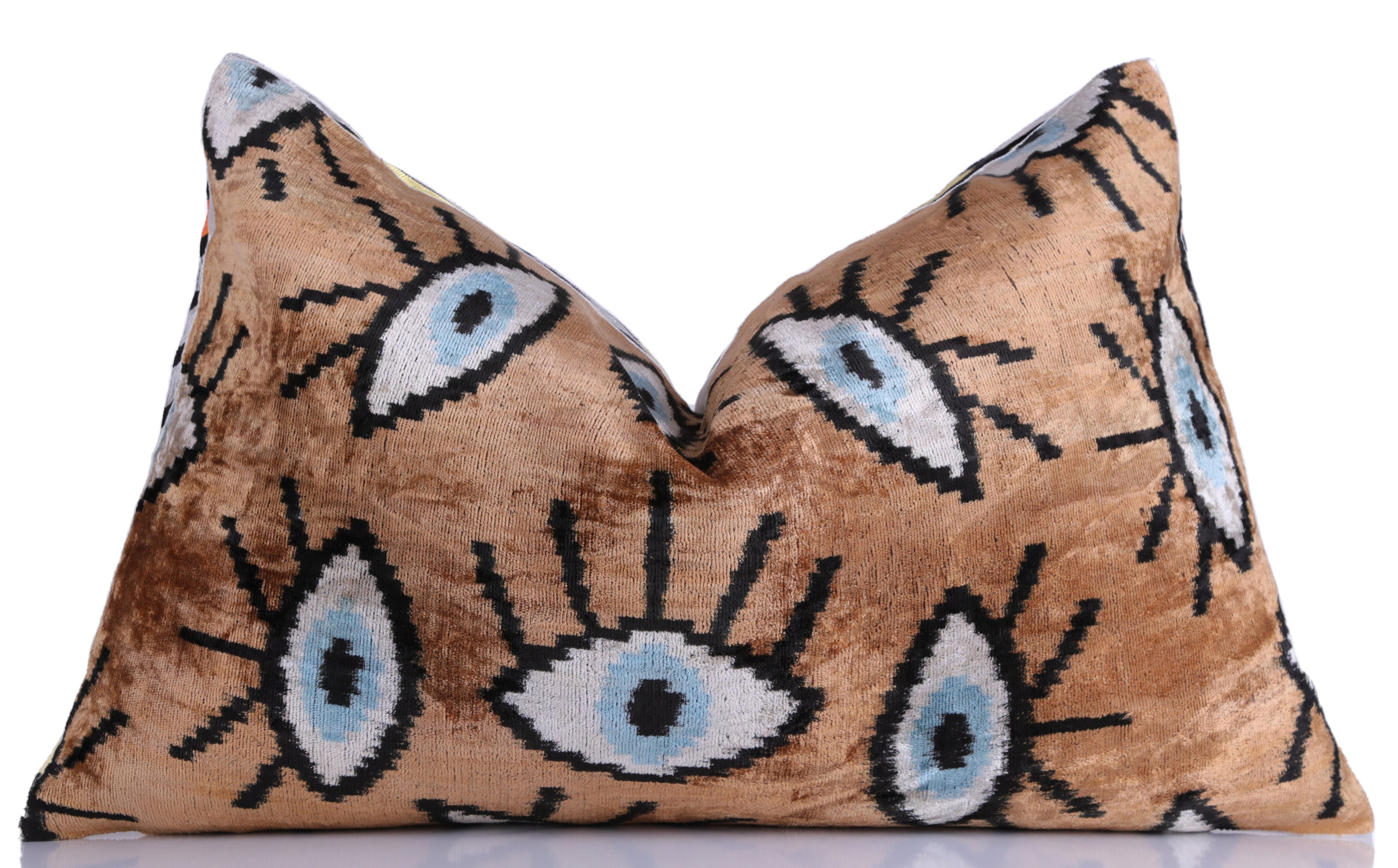 Handmade Ikat Velvet Throw Pillow with insert  16x24 in – Silk Brown White Modern Eye