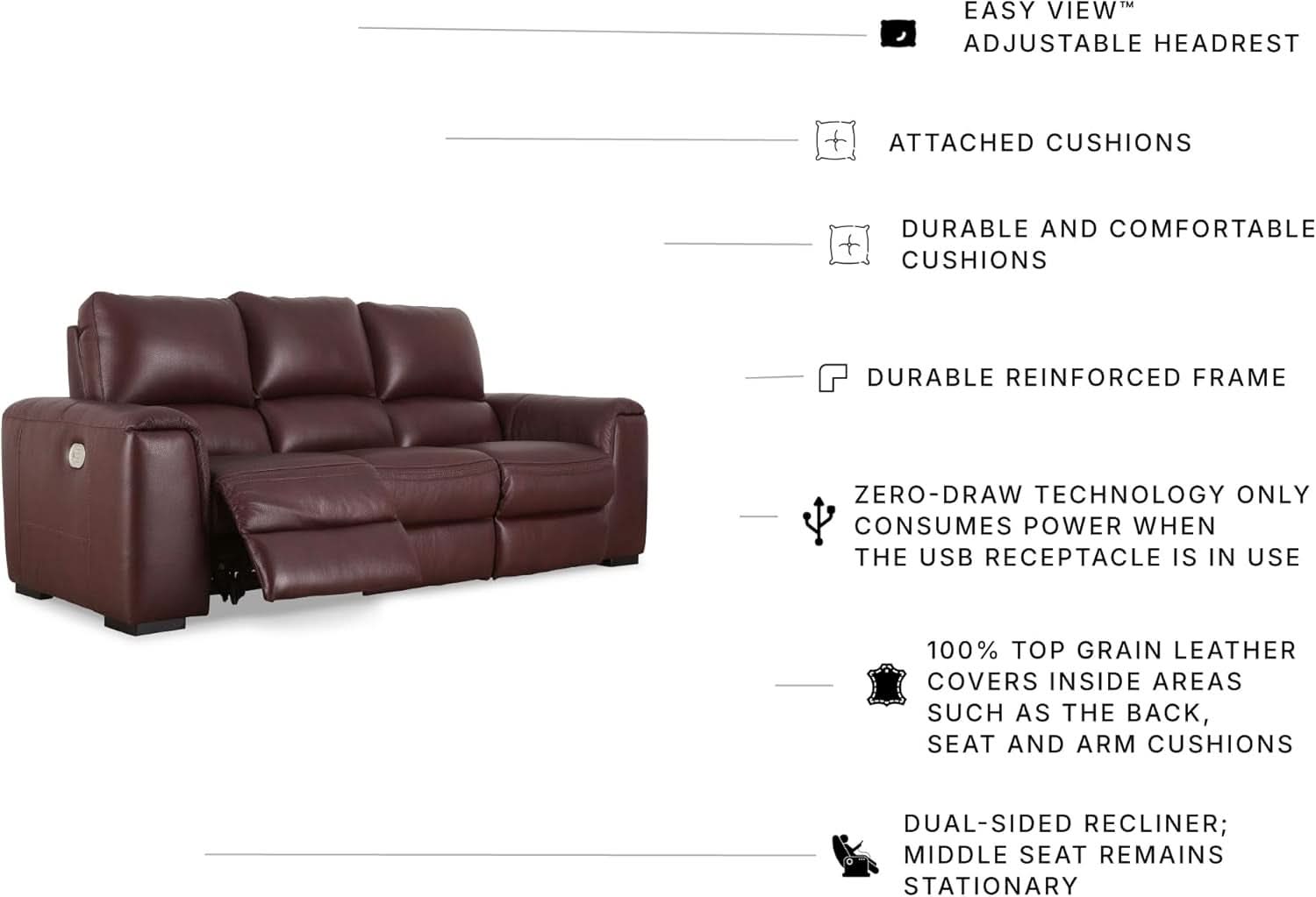 Garnet Leather Power Recliner Sofa Adjustable Headrest-3