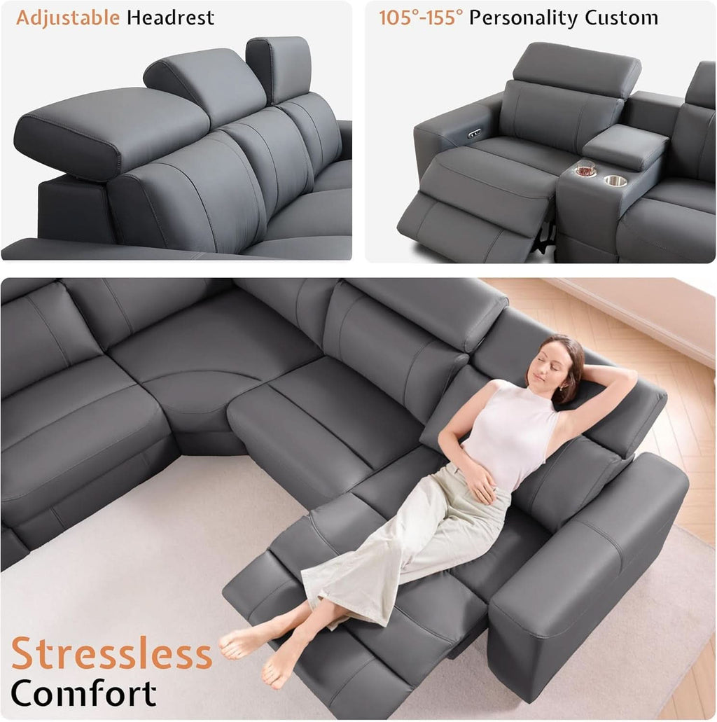 Grey Leather Power Recliner Sofa With Center Console-2
