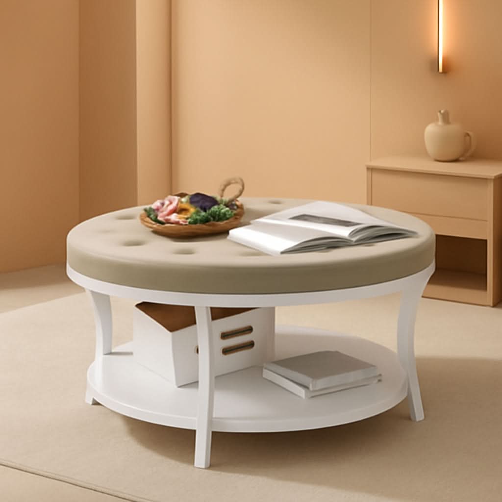 Beige 31.5-Inch Round Ottoman Coffee Table Storage
