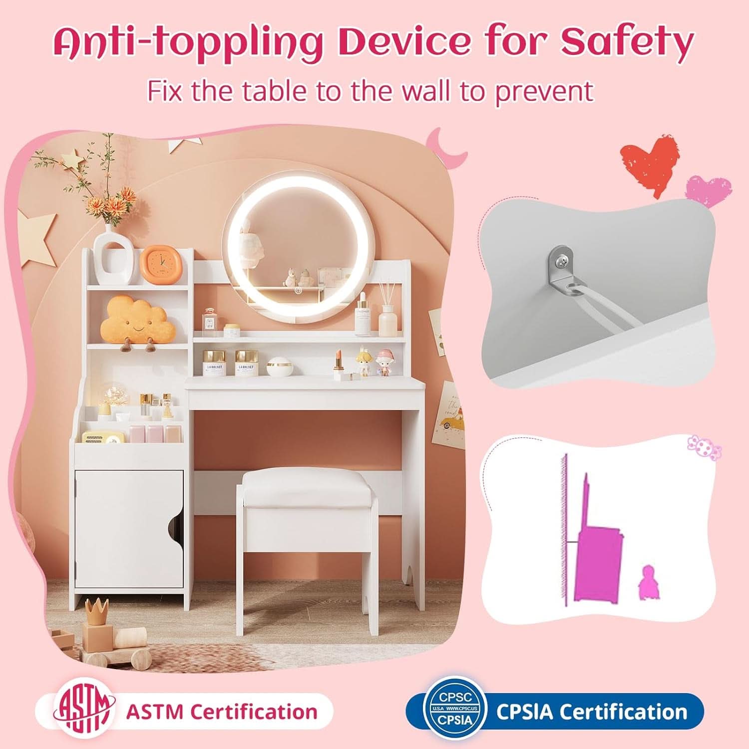 Kids Vanity Table Illuminated Ambient LED Lighting White-4