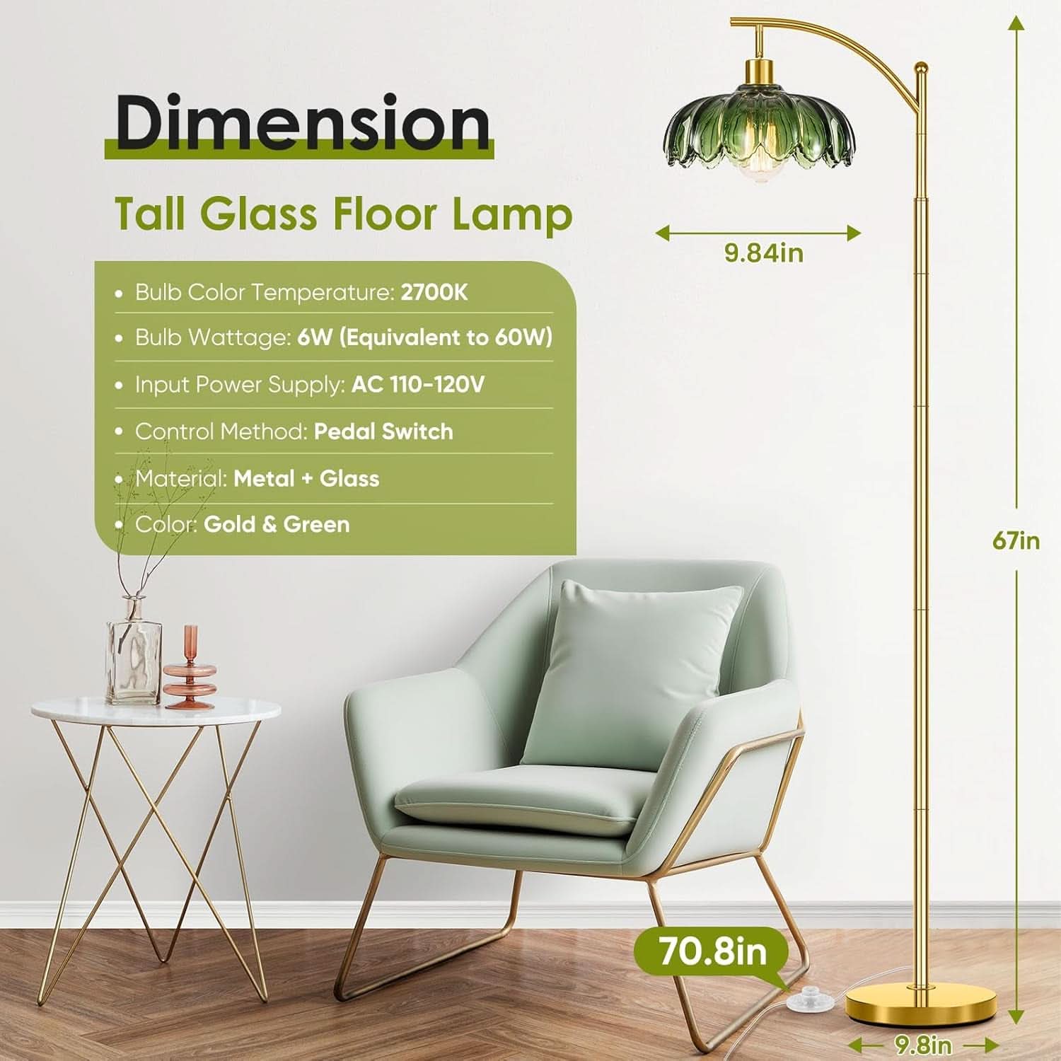 Gold Floor Lamp Arc Mid Century Industrial Green Shade-1