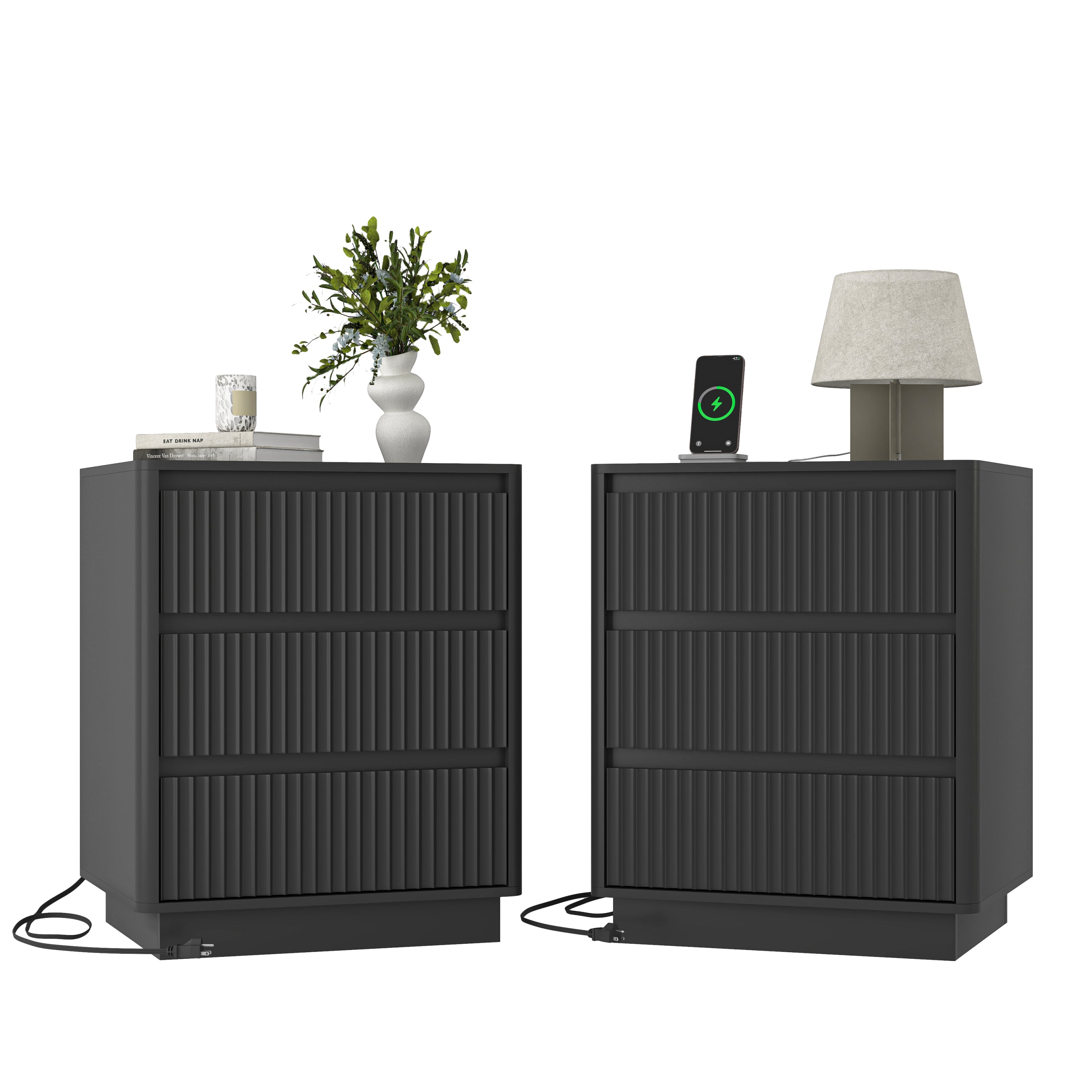 (Set of 2)End Table with Fast USB C Charging Station, Sofa Side Table with 3Drawers, Large Storage Modern Wood Storage Cabinet for Living Room,Bedroom,Office, Black