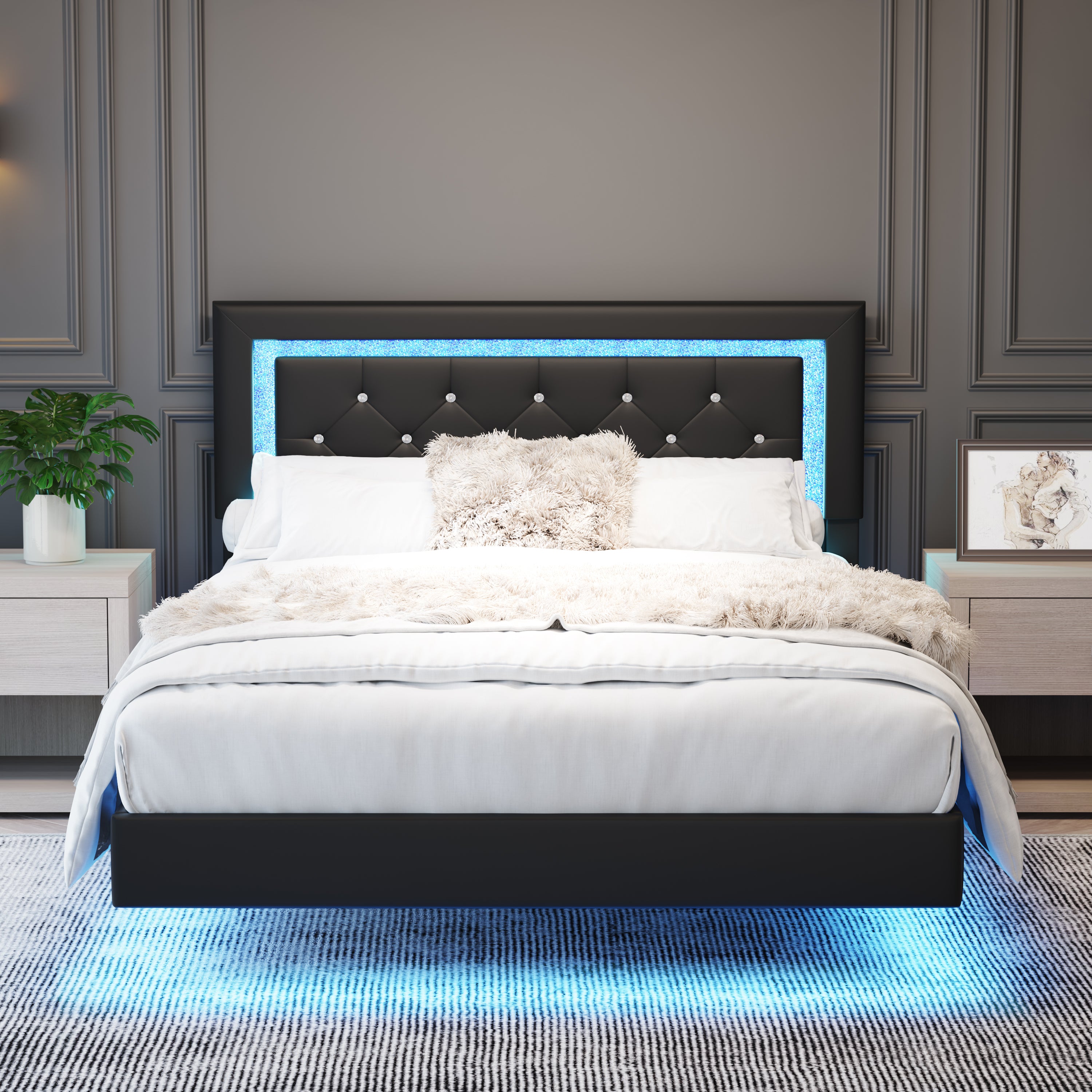 Full Size Bed Frame with Headboard, Floating Bed Frame with LED Lights, Upholstered Platform Bed with Diamond Tufted Headboard, No Box Spring Required, Black