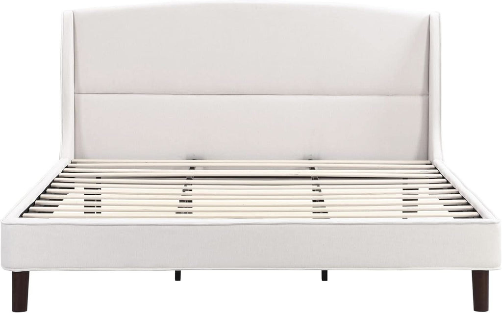 King Size Beige Upholstered Wing back Platform Bedframe-4