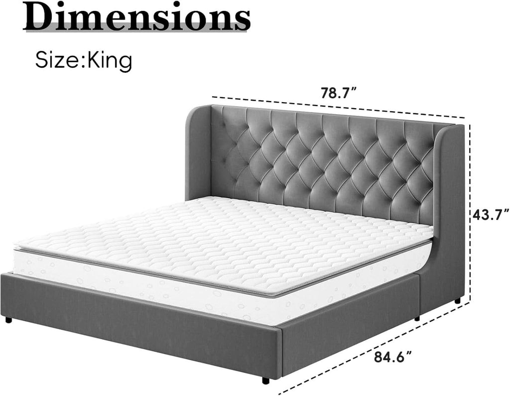 Grey VelvetLux Upholstered King Bed Frame Wing back-1