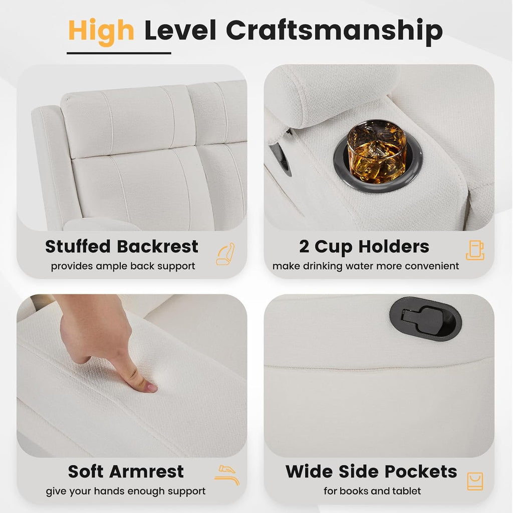 Beige Leatherette Recliner Sofa With Dual Cupholders-4