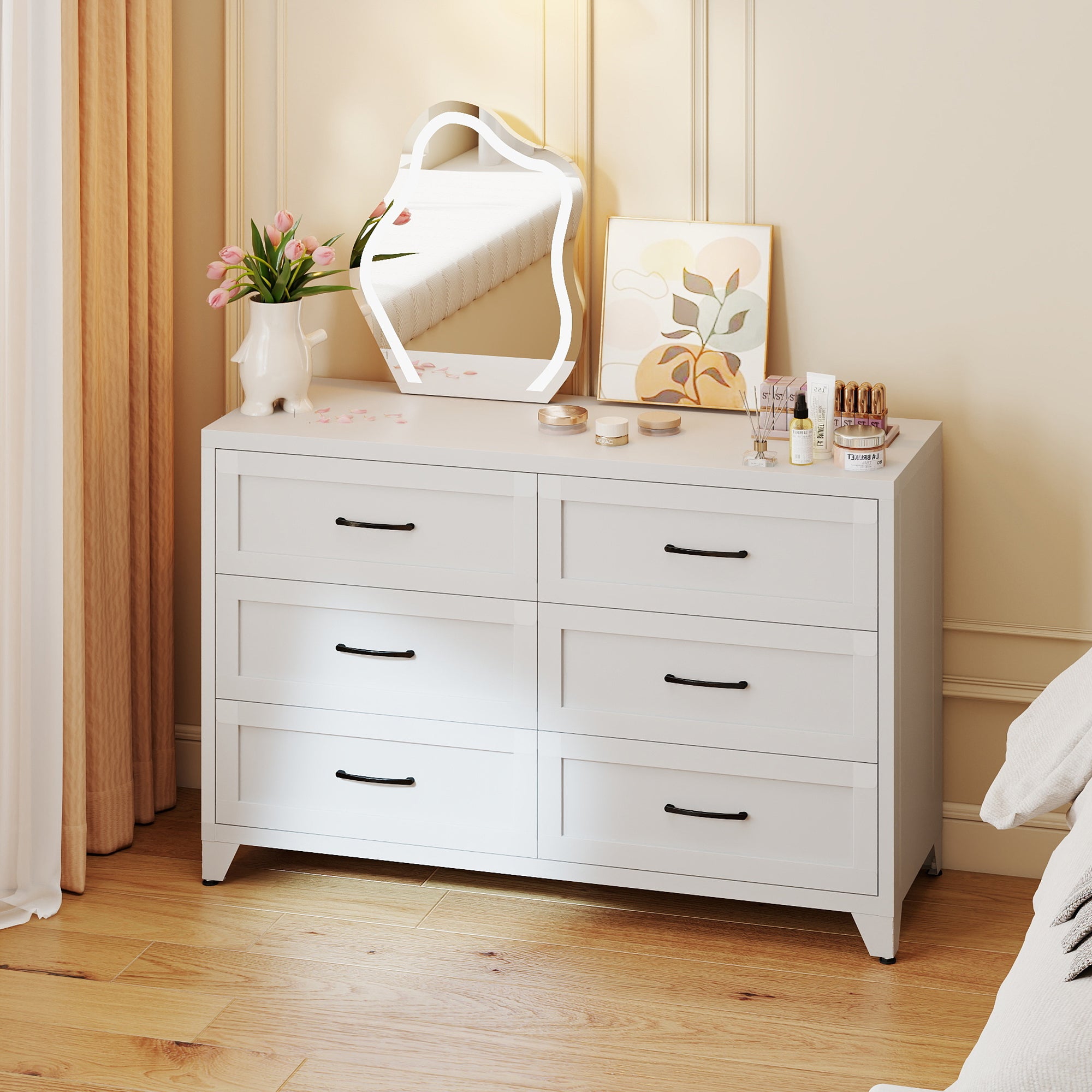 6 Drawer Dresser for Bedroom, Modern Metal Storage Chest with Smooth-Glide Drawers, Space-Saving Storage Cabinet for Closet, Hallway, Entryway, Eco-Friendly White Steel Dresser for Small Spaces