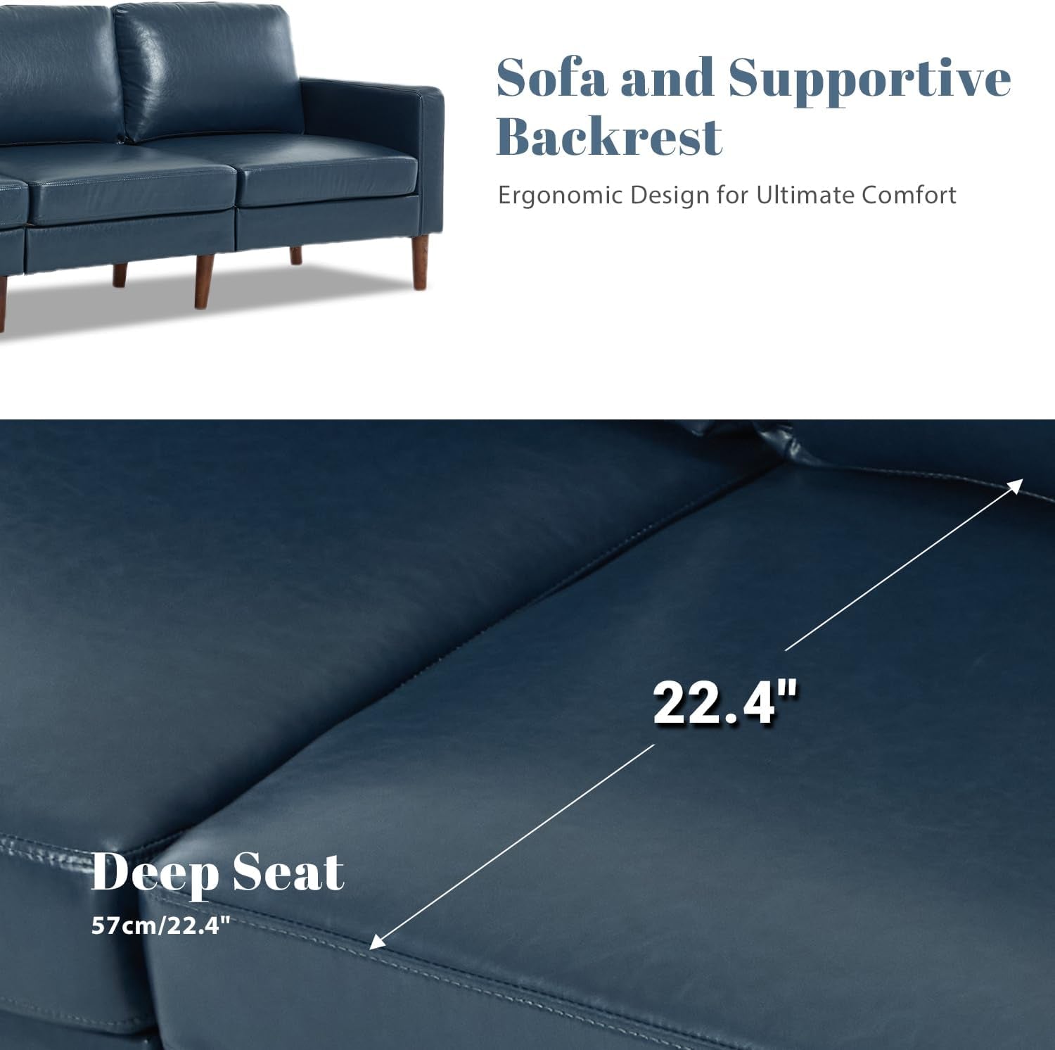 Mid Century Modern Faux Leather Sofa 91Inch Navy Blue-4