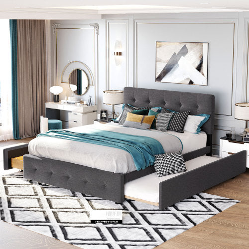 Upholstered Platform Bed with 2 Drawers and 1 Twin XL Trundle,  Linen Fabric, Queen Size - Dark Gray(OLD SKU :LP100314AAE)