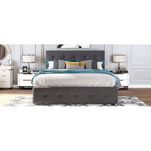 Upholstered Platform Bed with 2 Drawers and 1 Twin XL Trundle,  Linen Fabric, Queen Size - Dark Gray(OLD SKU :LP100314AAE)