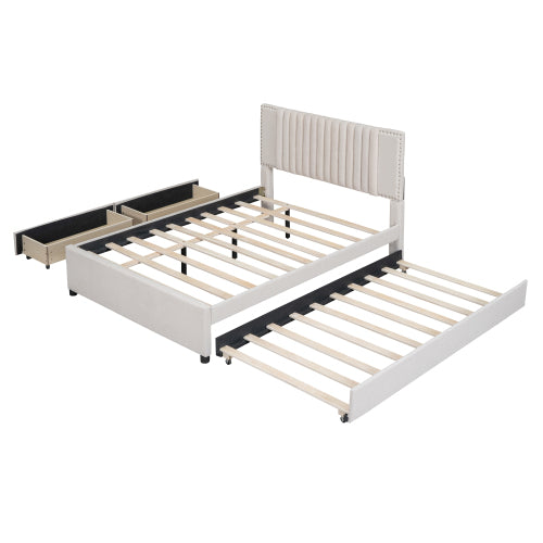 Full Size Upholstered Platform Bed with 2 Drawers and 1 Twin Size Trundle, Classic Headboard Design, Beige