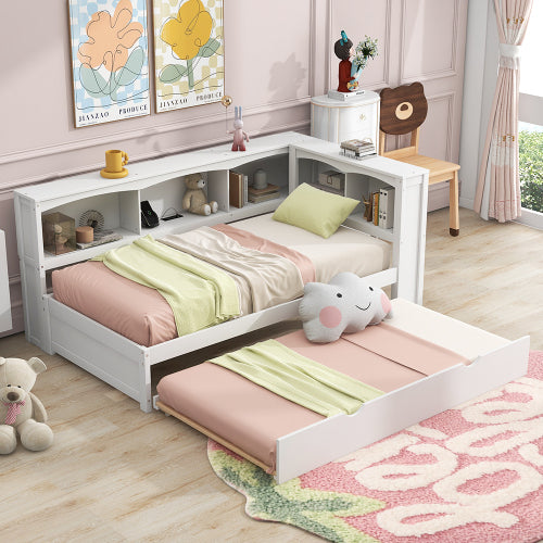 White Twin Size Daybed with Trundle, Storage Cabinets, USB Ports and Pine Wood+MDF Construction