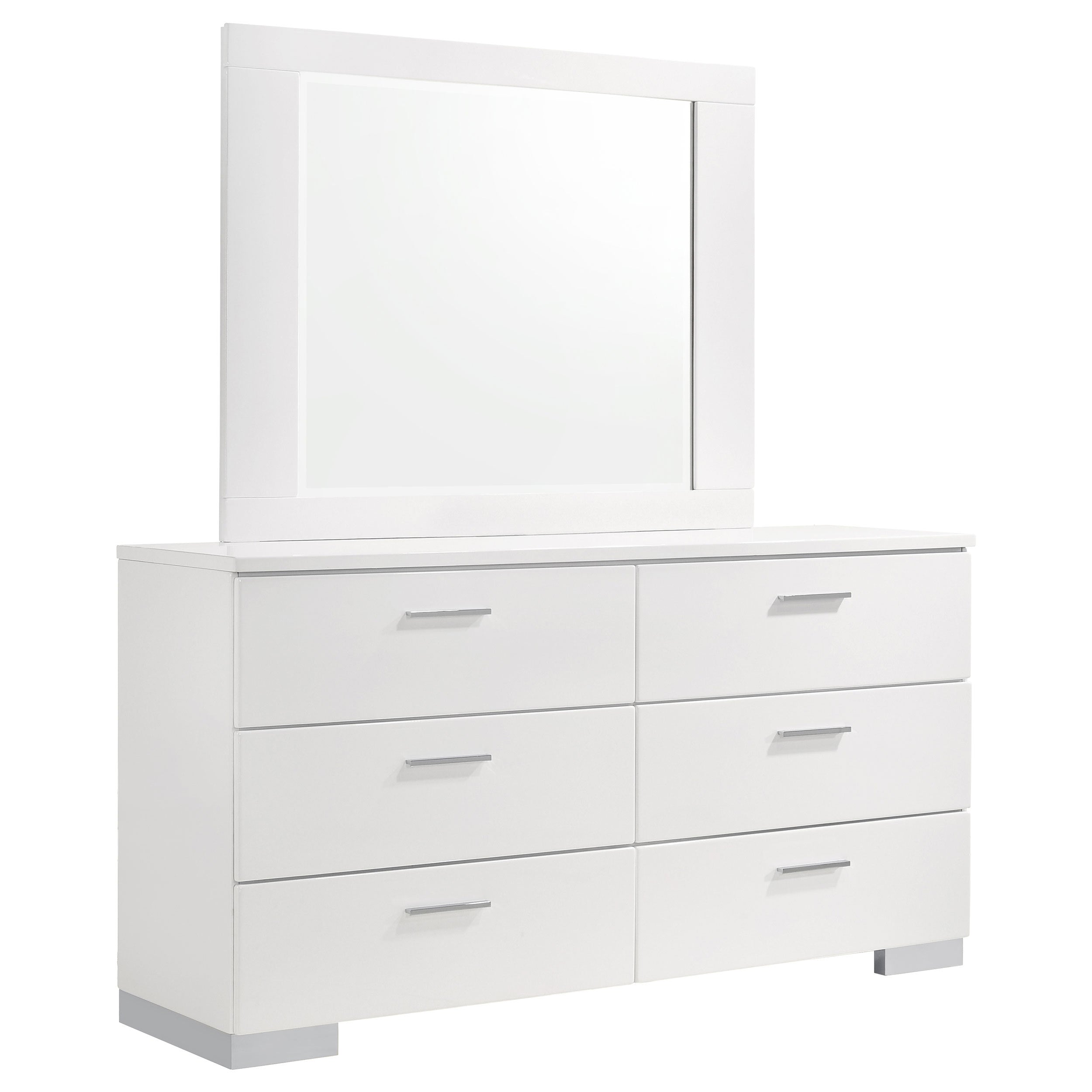 Dulcey White High Gloss 6-Drawer Dresser with Mirror in Gloss White Finish, Wood and MDF Construction, 63W x 17.75D x 71.5H inches