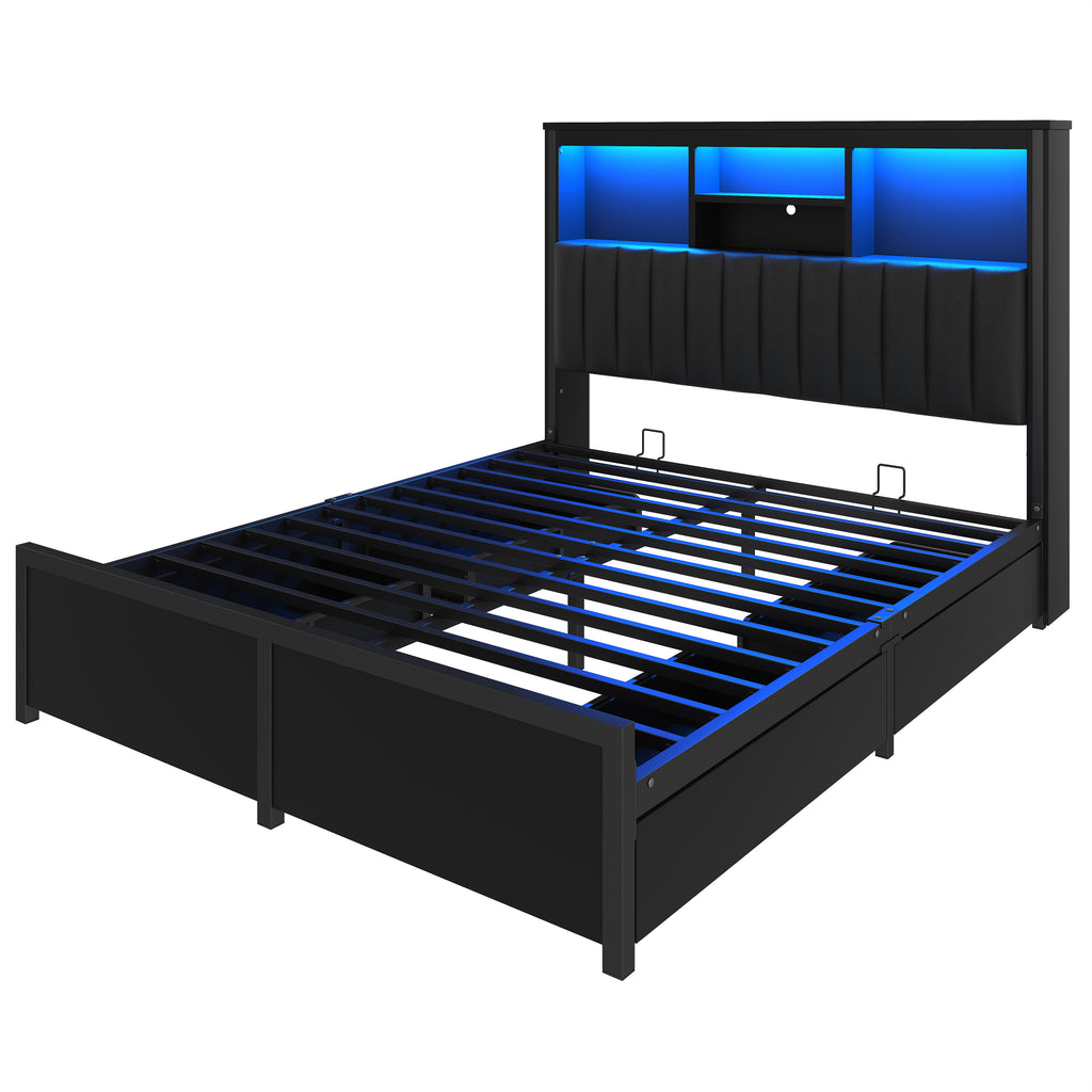Queen Bed Frame with High Storage Headboard, Bed Frame with LED light and Charging Station , 4 Storage Drawers , No Box Spring Needed/Noise Free/All-Metal Support, Black