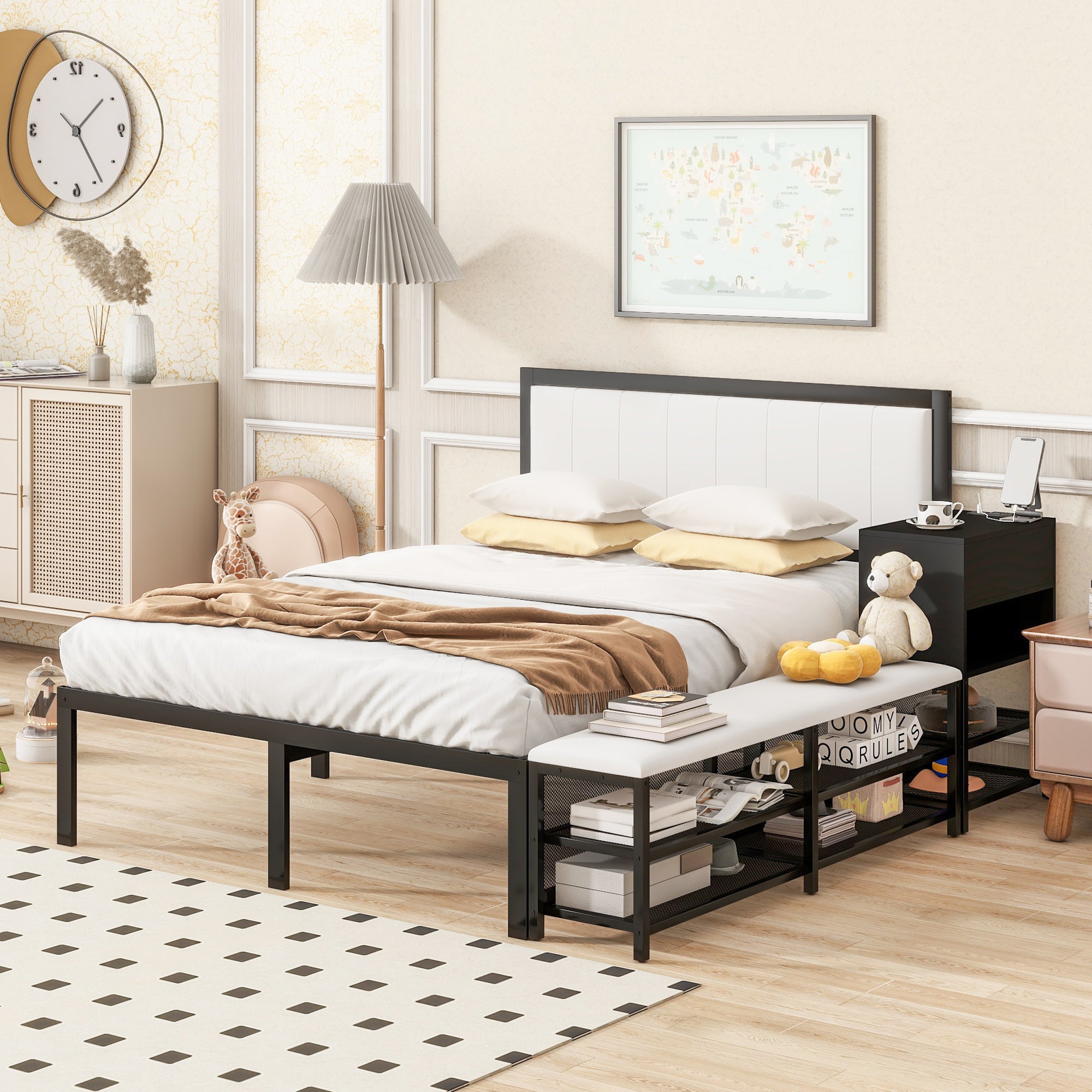 Full size Metal Platform Bed with Two-Tier Storage Shelves, Wooden Storage Cabinet, Black