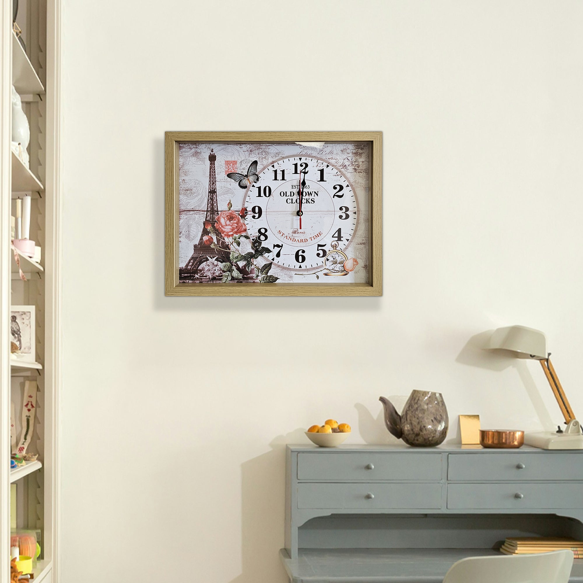 Eiffel Tower wall Clocks Parisian Wood Art in framed Rectangle Wall Clock   ~5346-2