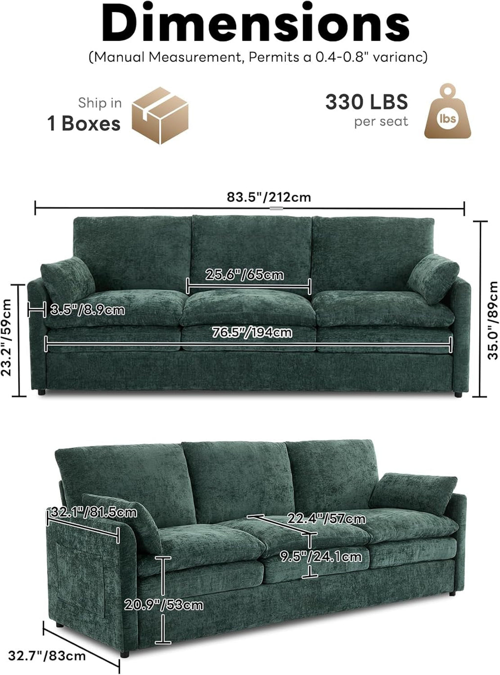 Green Chenille Cloudlike Sofa 83 Inches Ultra Comfort-1