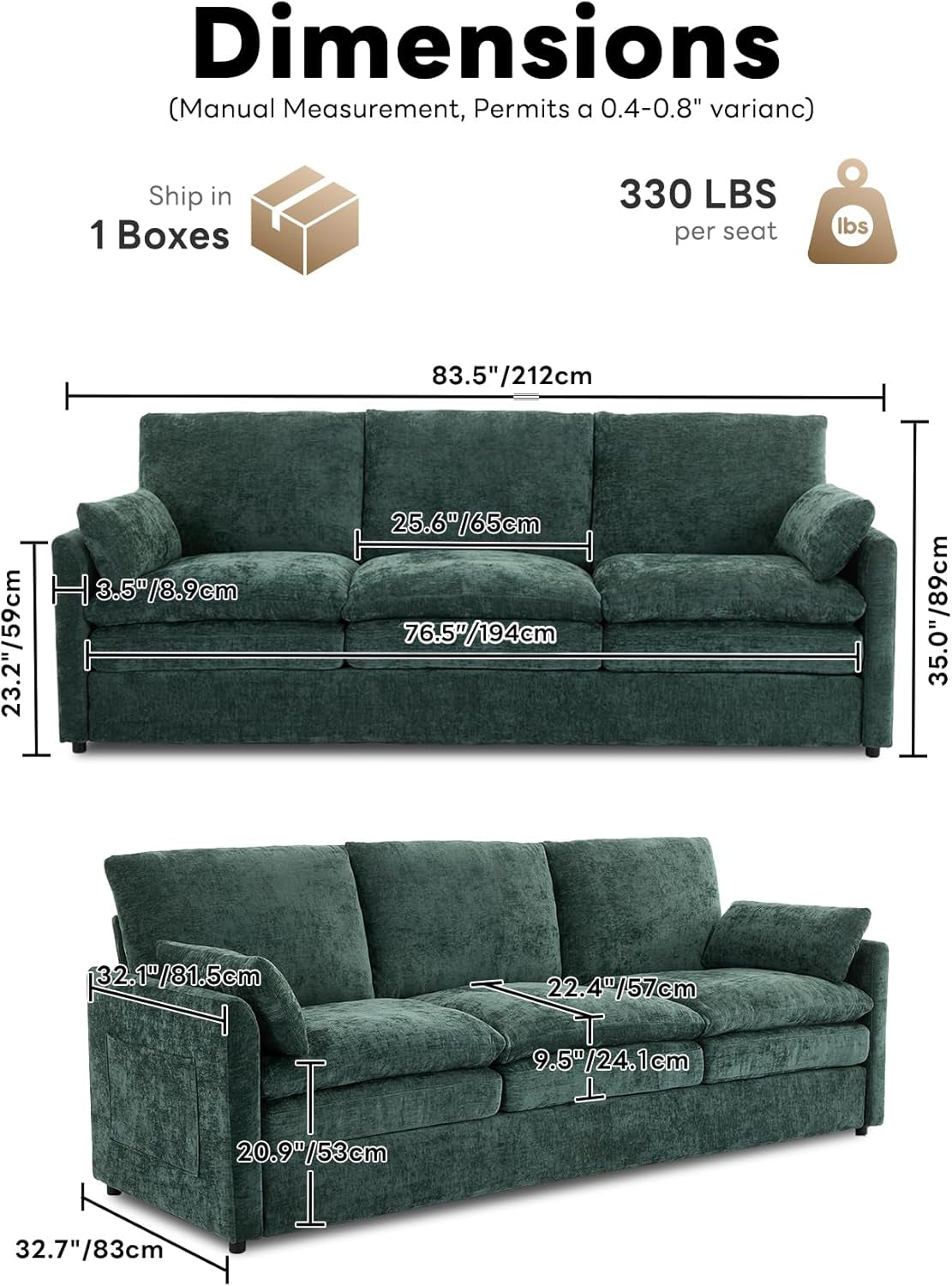 Green Chenille Cloudlike Sofa 83 Inches Ultra Comfort-1