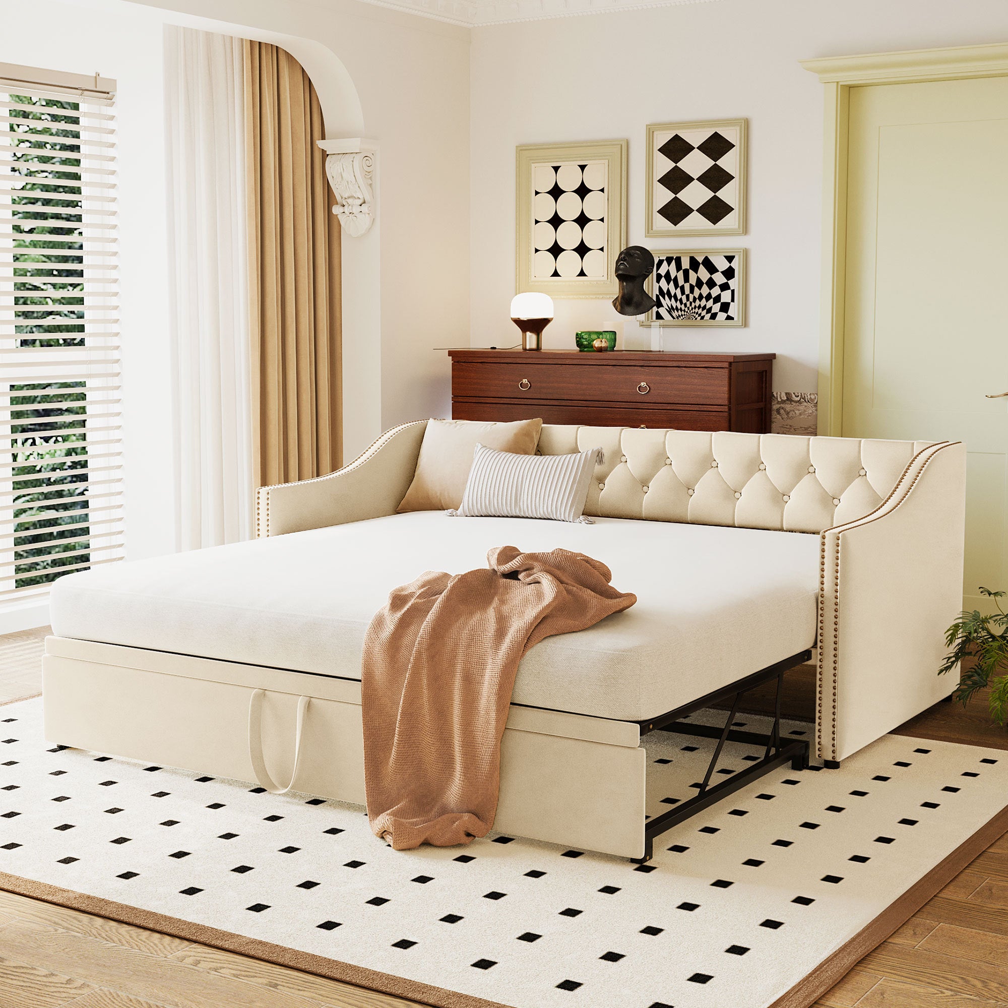Twin Size Upholstered daybed with Pop Up Trundle, Beige