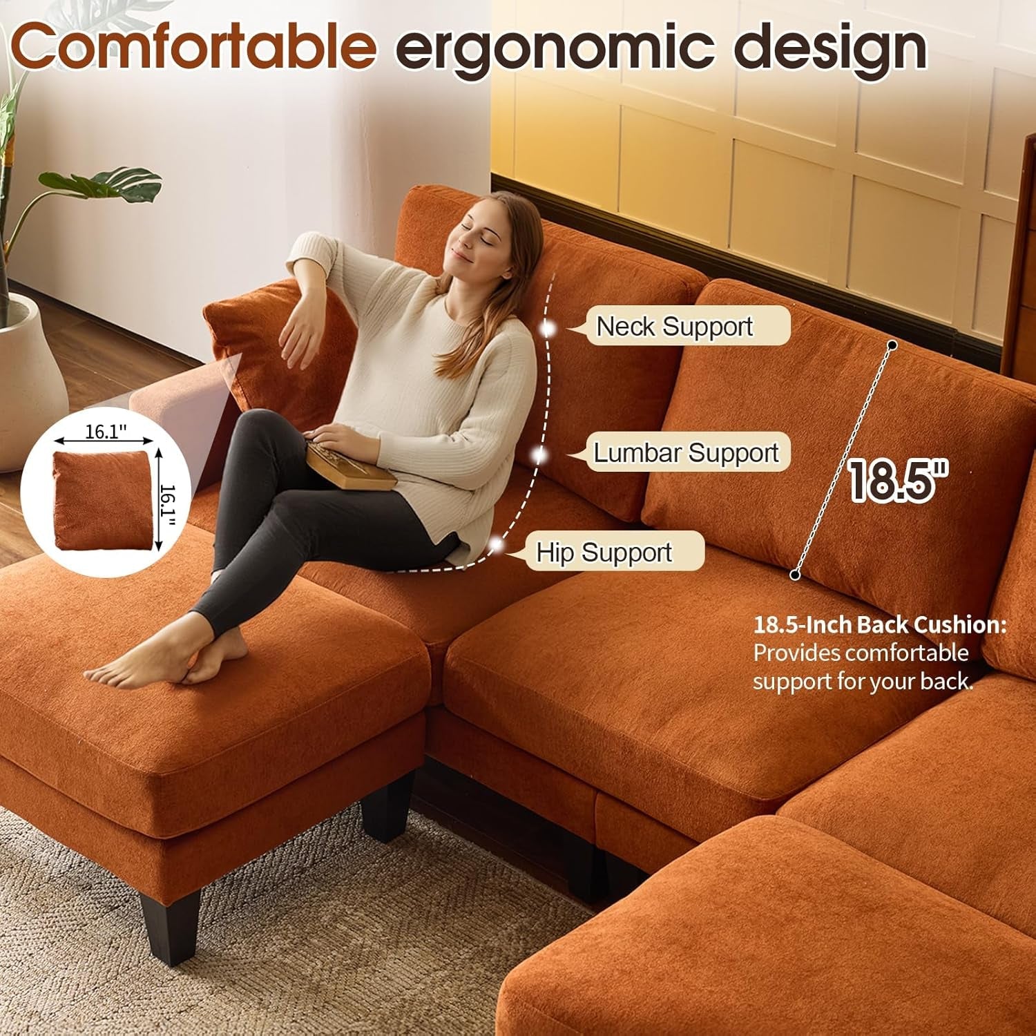 One HundredInch U Shaped Sofa Plush Chenille Ottoman Orange-3