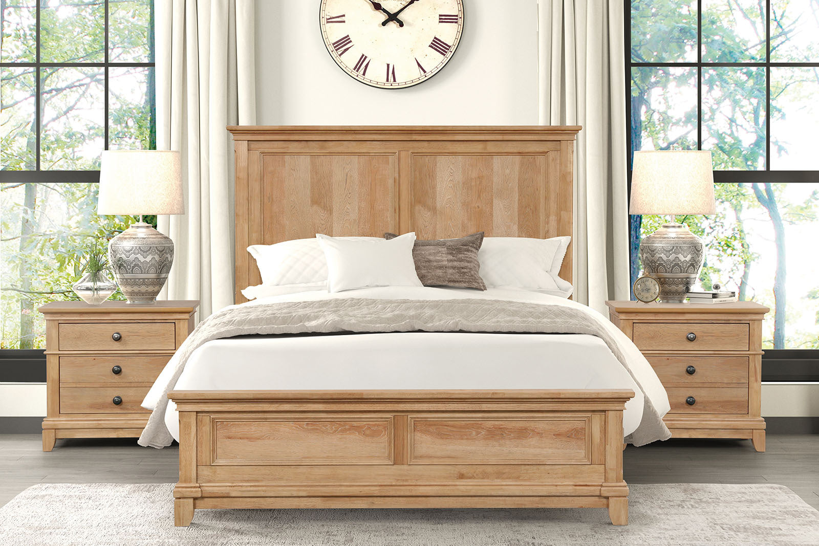 3pc Set Farmhouse Style Full Size Bed Nightstands Plank Bedroom Set