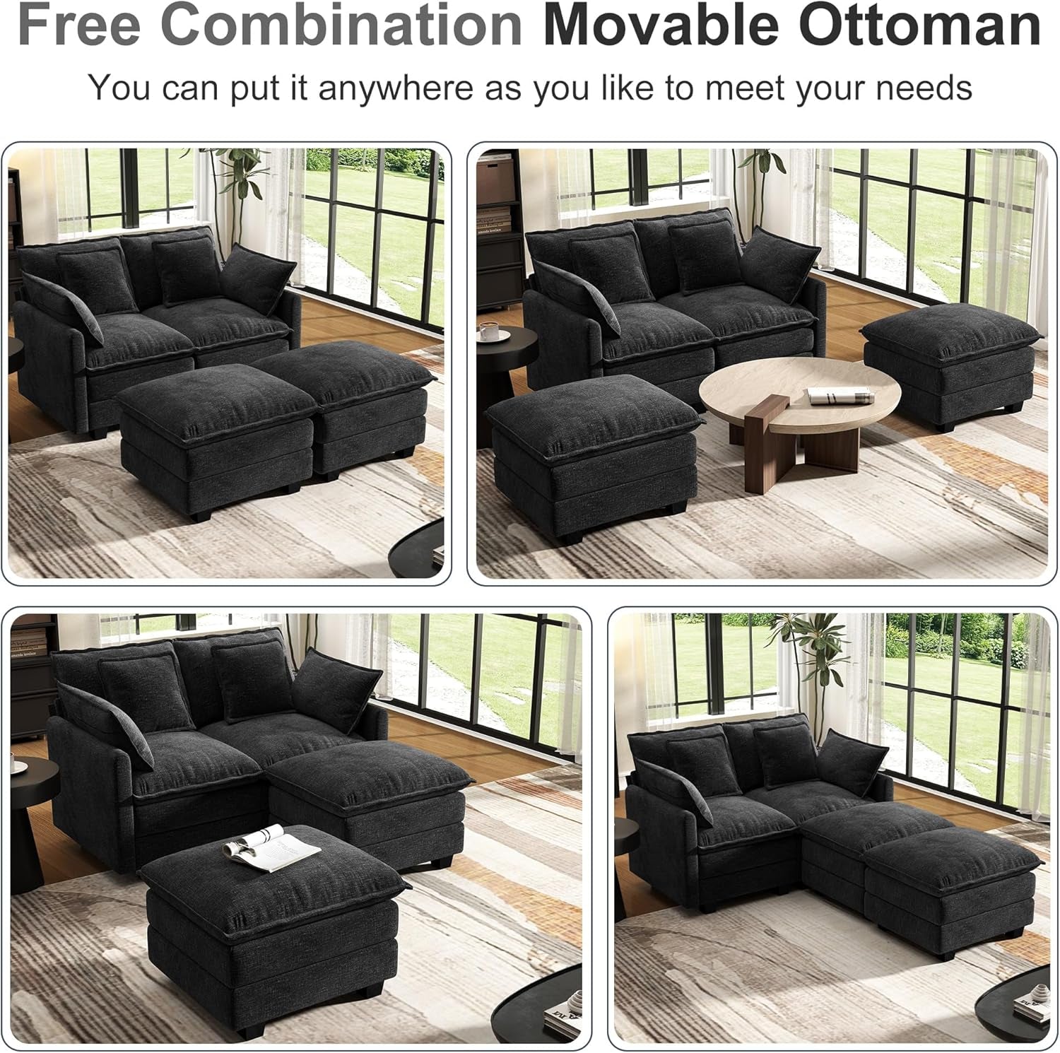58 Inch Black Cloudlike Loveseat Removable Pillows-4