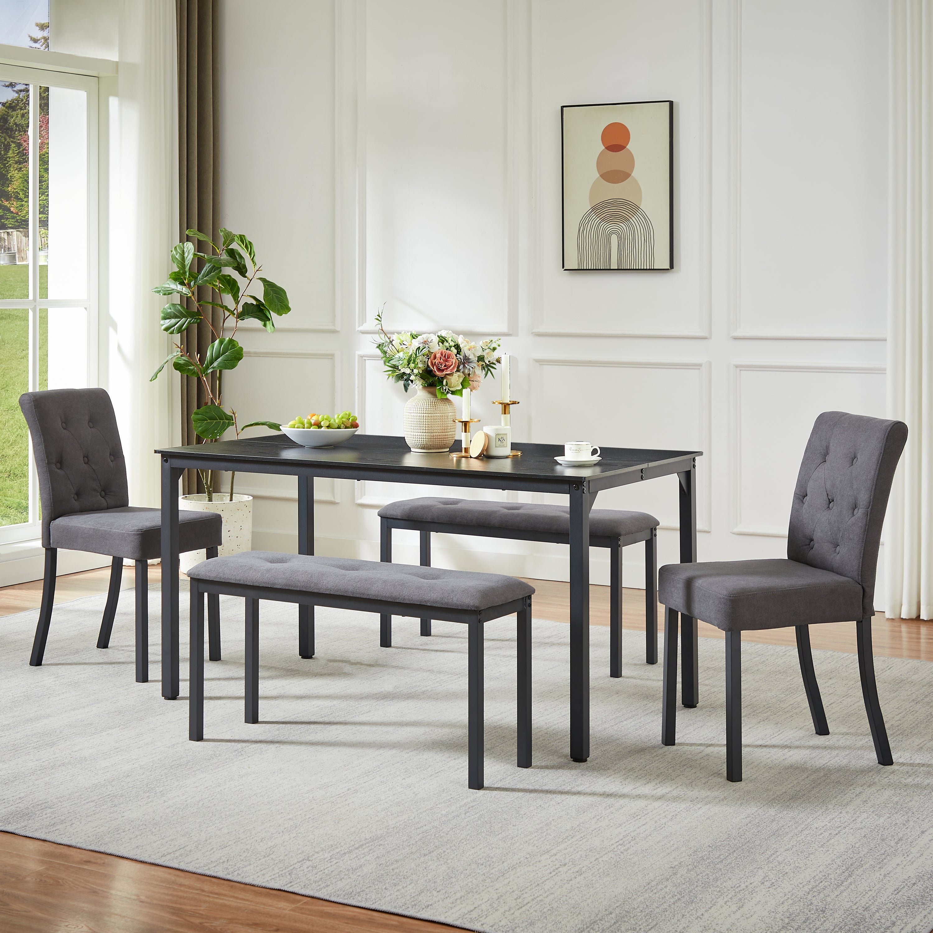 5-piece dining set, including 1 dining table, 2 padded dining chairs, and 2 benches; a space-saving rustic-style dining set suitable for dining rooms and kitchens,Gray and Black.