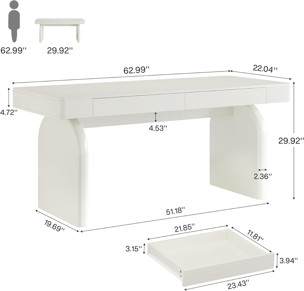 63 Inch White Desk With Drawers Modern Office Desk