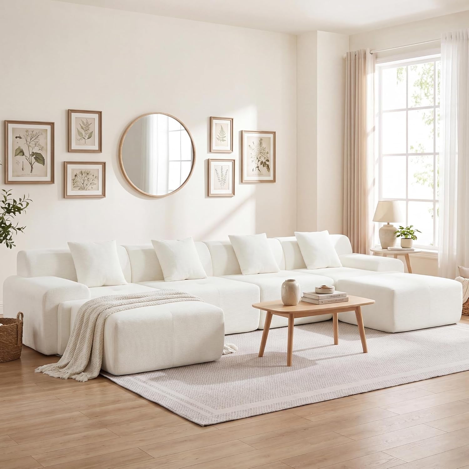 160 Inch White Corduroy Modular Sectional Sofa Set-0