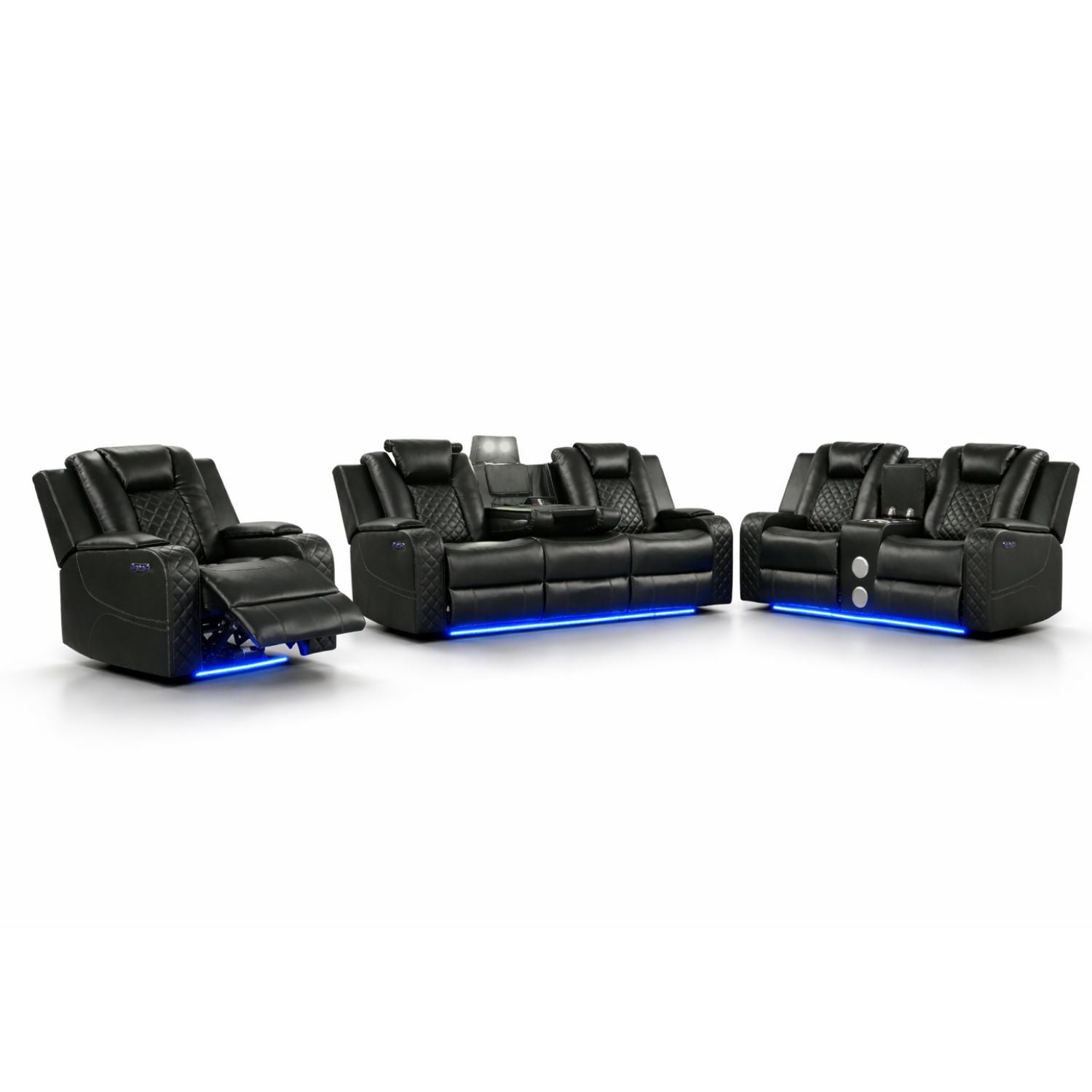 BENZ LED & Power Recliner 3 PC Faux Leather Black with Pebbled Texture and Built-in USB Ports (NJ INVENTORY)