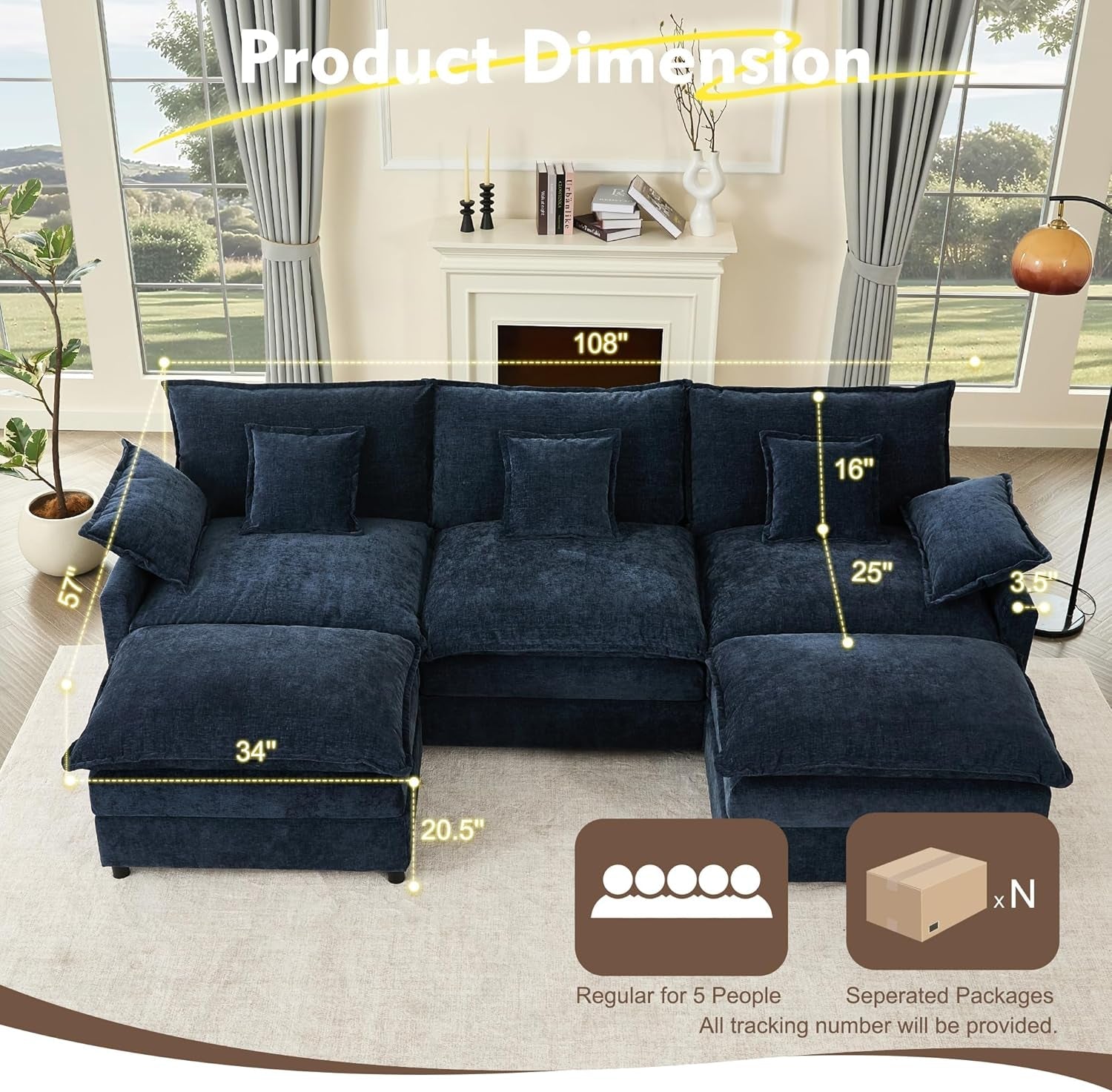 Navy Chenille Luxe 108-Inch-Long U Shaped Sectional-1