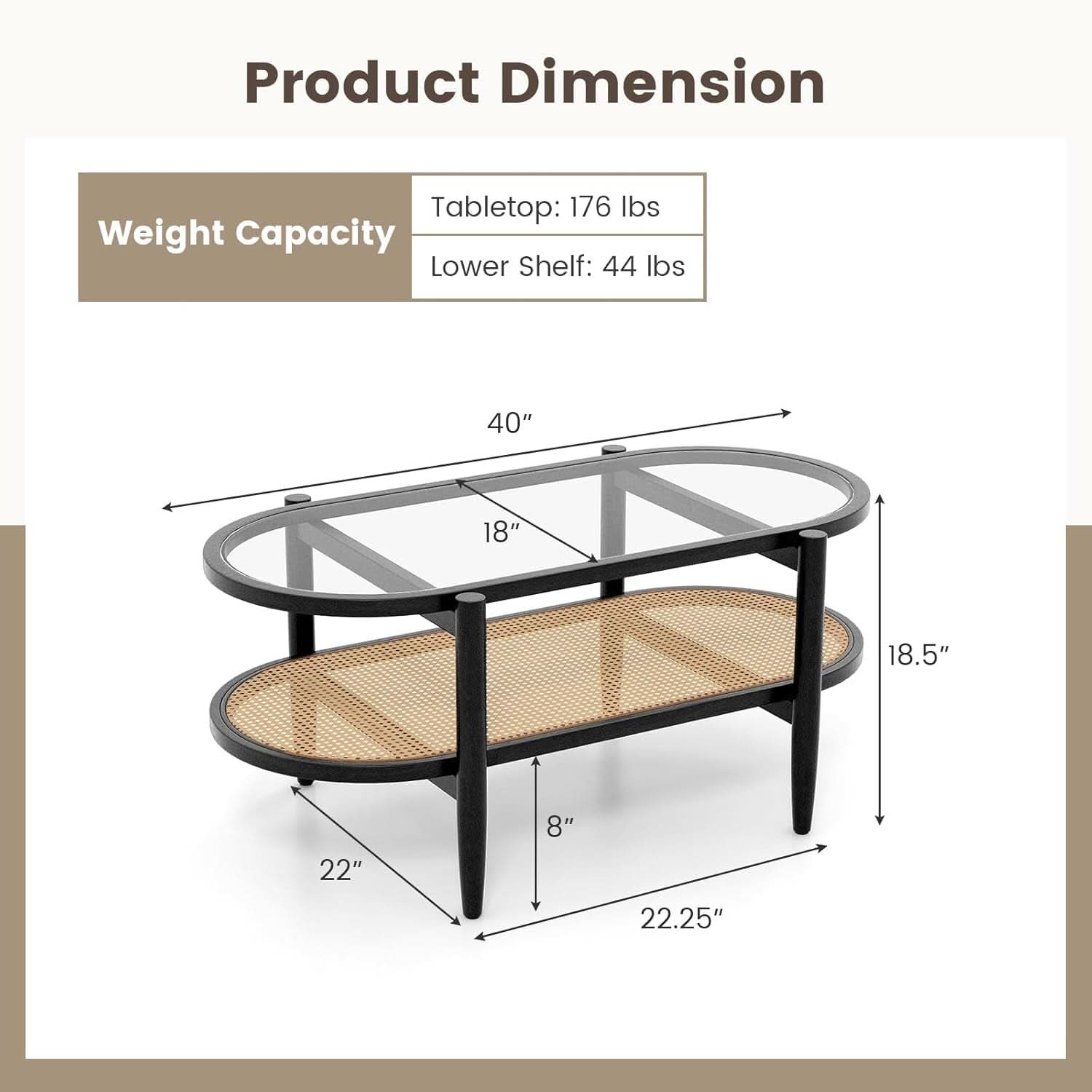 Rattan Coffee Table 40 Inch Premium Acacia Wood Finish