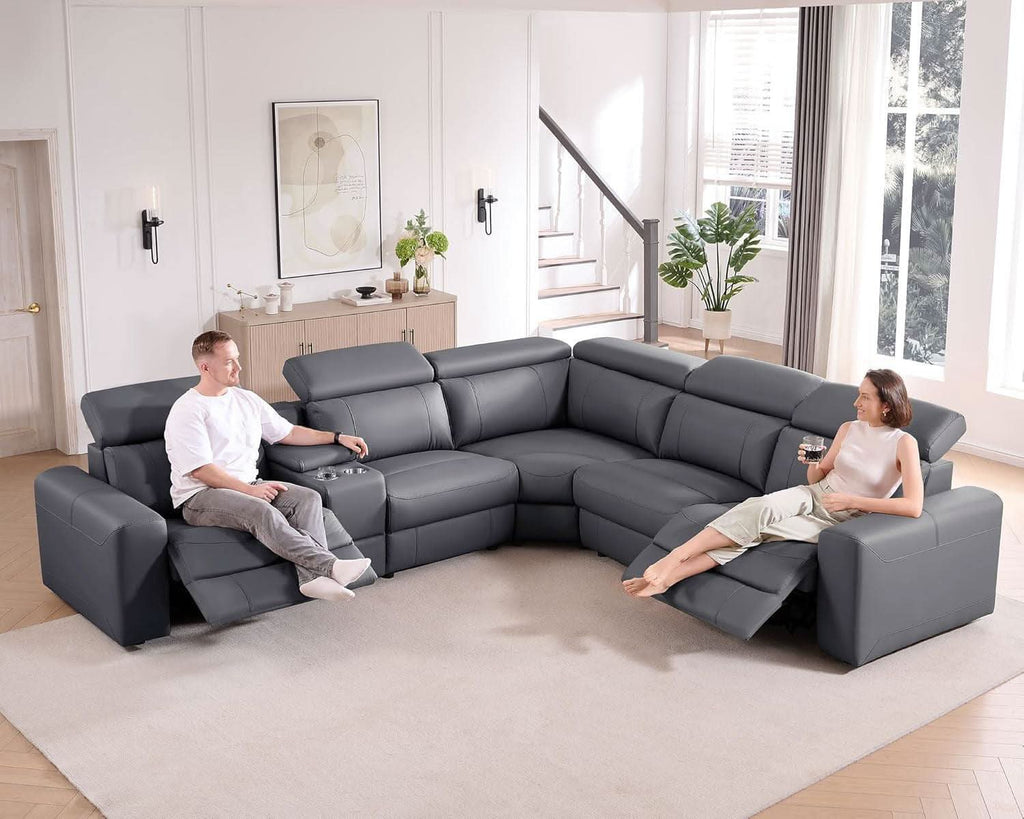 Grey Leather Power Recliner Sofa With Center Console-3
