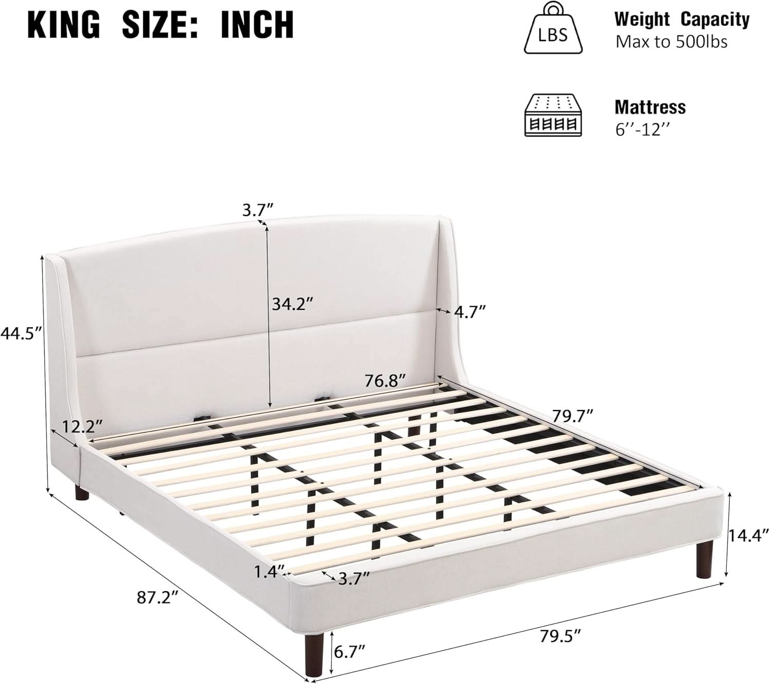 King Size Beige Upholstered Wing back Platform Bedframe-1