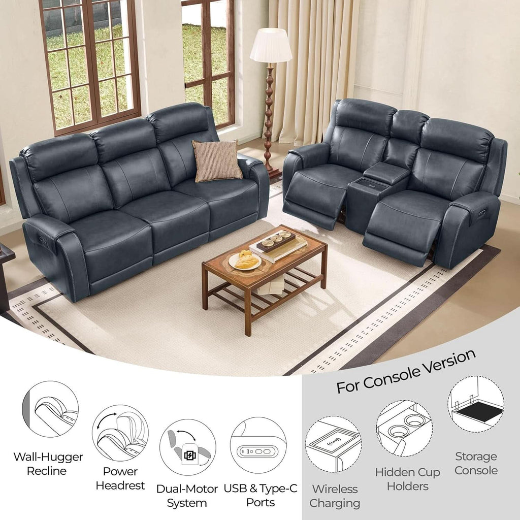 Genuine Navy Leather Adjustable Dual Motor Power Recliner-2