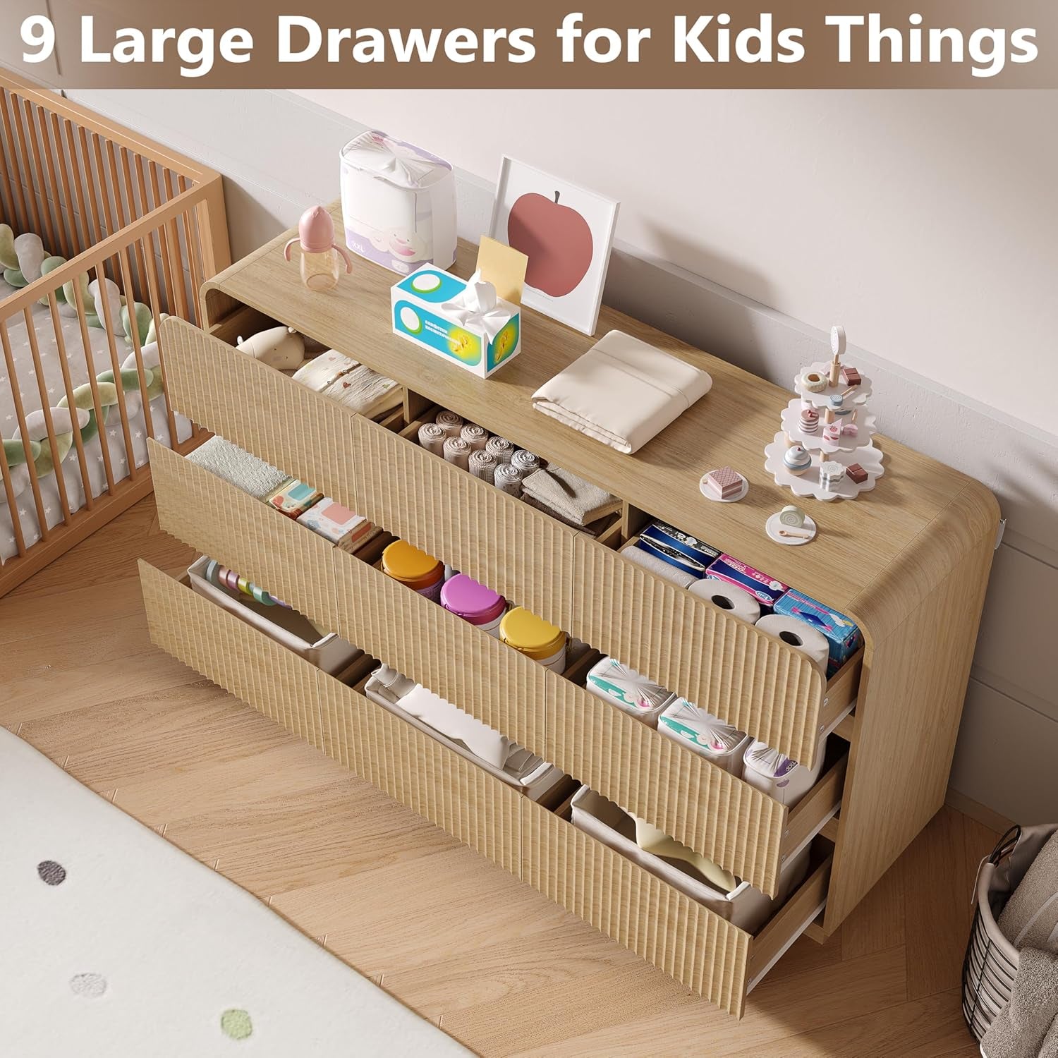 Walnut Finish Fluted Dresser With Space Saving Concealed Knobs