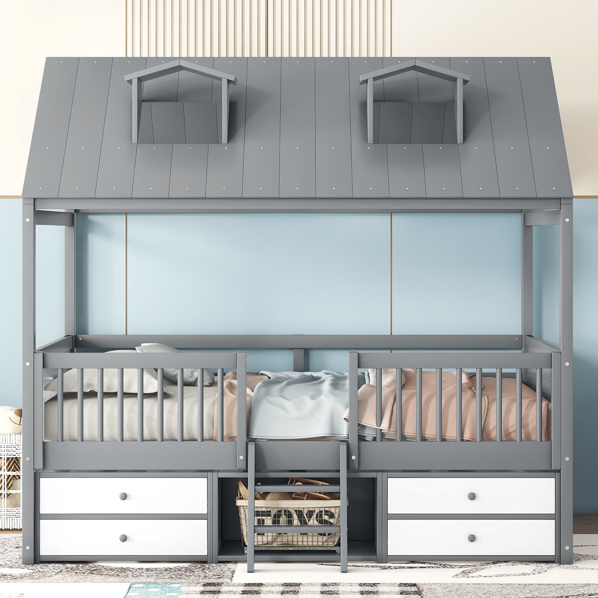 Full Size Wood Bed House Bed Frame,Gray