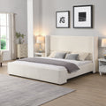 Elegant White Fabric Upholstered Bed with Tall Headboard, White, KING